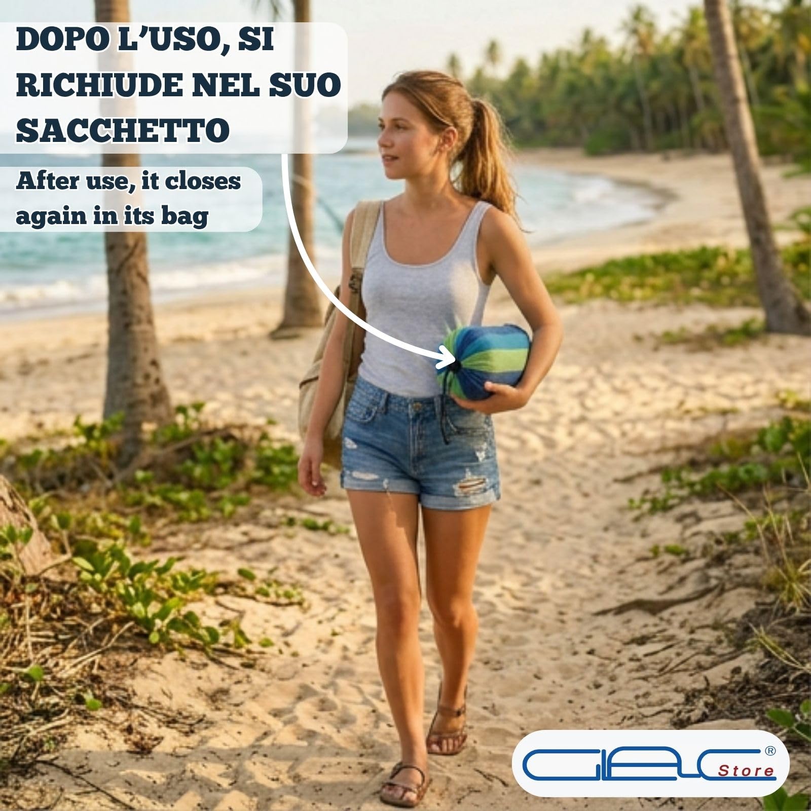 Amaca in Poliestere, 200 x 100 cm, Portata 150 kg, Leggera 800 g, con Corde, per Giardino, Campeggio, Spiaggia (Blu)