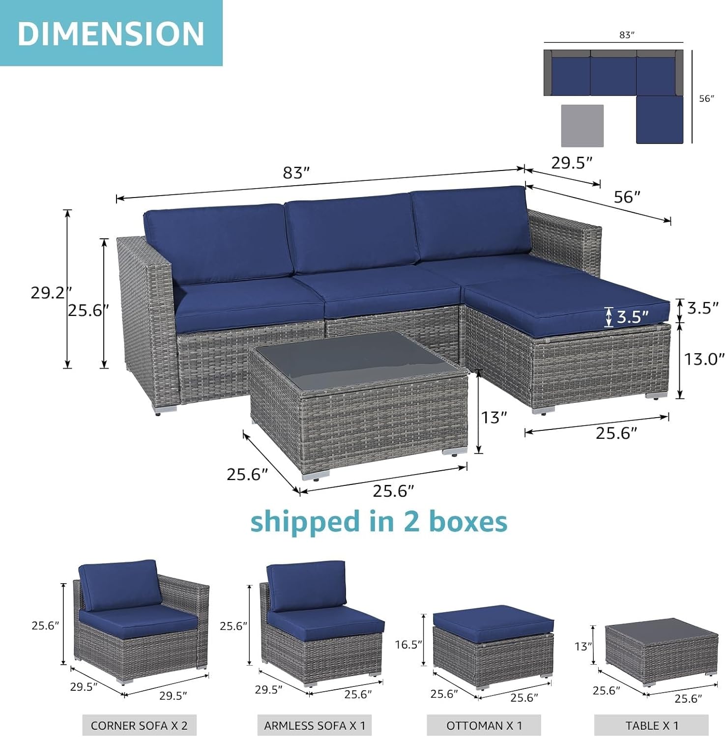 5 Piece Outdoor Patio Furniture Set All-Weather Brown PE Wicker Beige Cushions Outdoor Sectional Conversation Sets for Backyard Porch Garden Poolside Balcony(Gray)