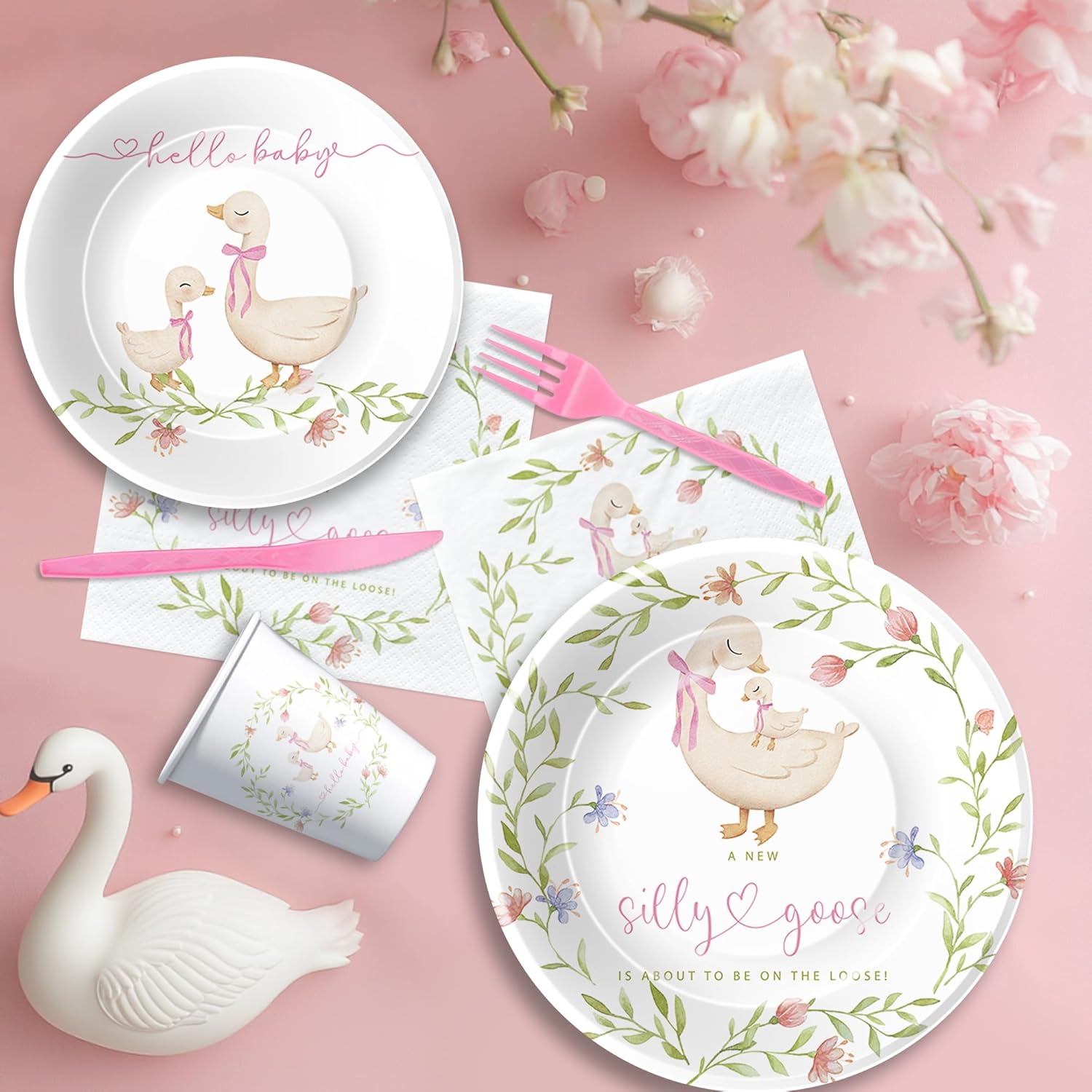 Pink Silly Goose Baby Shower Decorations Tableware, Goose Girl Baby Shower Party Supplies, Paper Plates, Cups, Napkins, Straws, Disposable Cutlery, Tablecloth, Serves 24