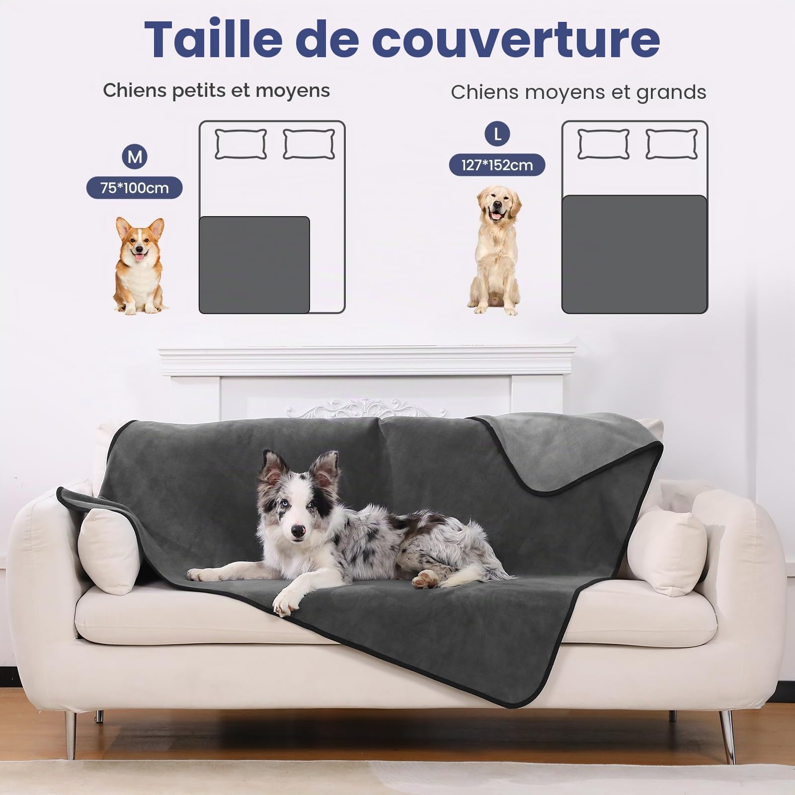 PETTOM Couverture Chien Imperméable(152x127cm), Plaid Chien Anti Pipi pour Canapé Lit Divan, Absorbante Chaude Douce pour Chiot Chat, Gris