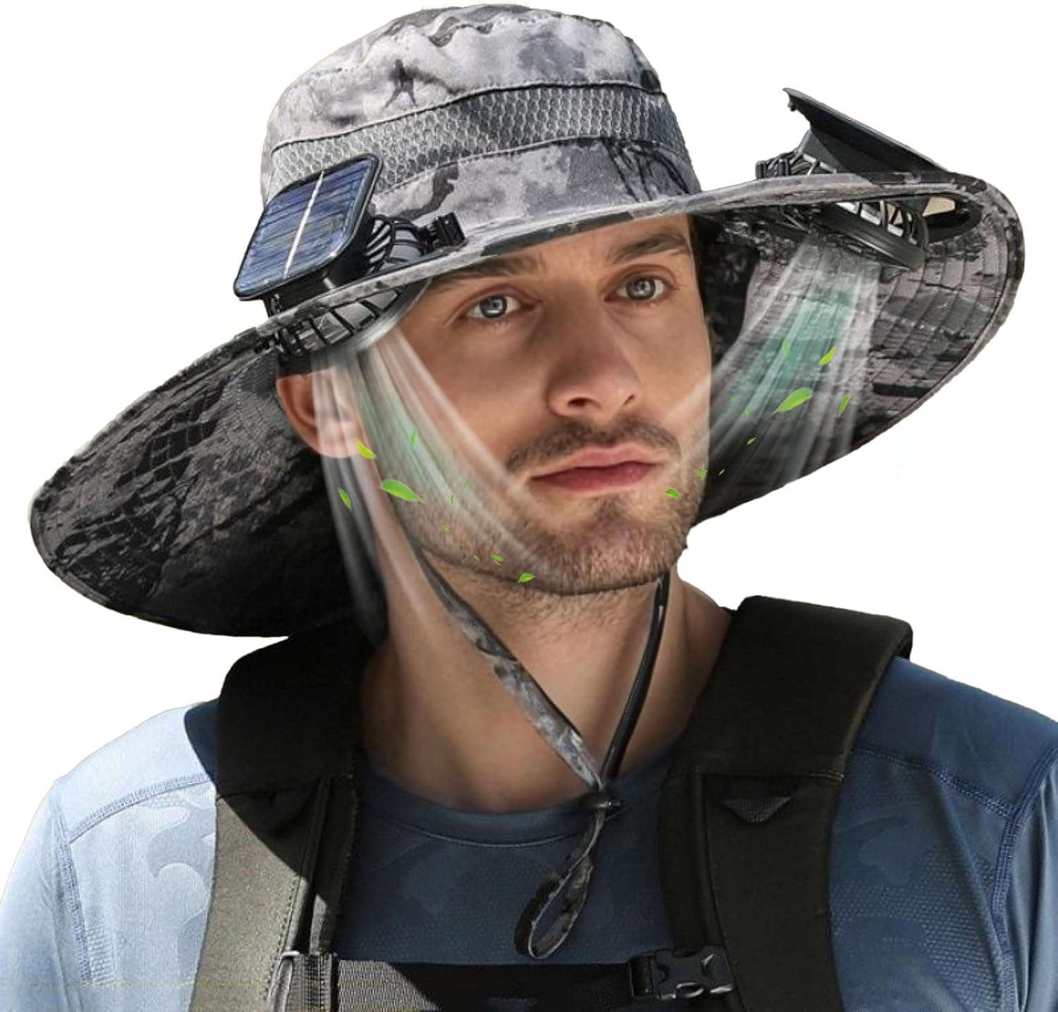 Solar Powered Fan Hat, Wide Brim Sun Hat, Waterproof UPF 50+ Solar Fan Outdoor Fishing Hat with 2 USB Solar Charging Removable Fans for Outdoor Fishing Gardening Camping Beach Travel Grey - Image 2