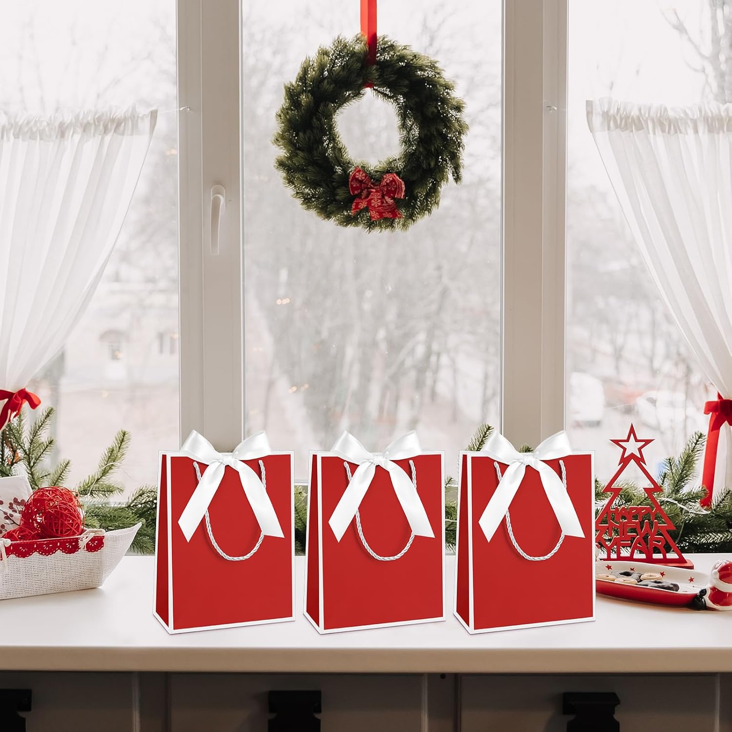 Silkfly Paper Gift Bags with Handle 9x7x3.15'' Thank You Gift Bags with Bow Ribbon for Graduation Appreciation Holiday Wedding Bridal Baby Shower Birthday Party Supplies(Red and White,12 Pcs) - Image 6