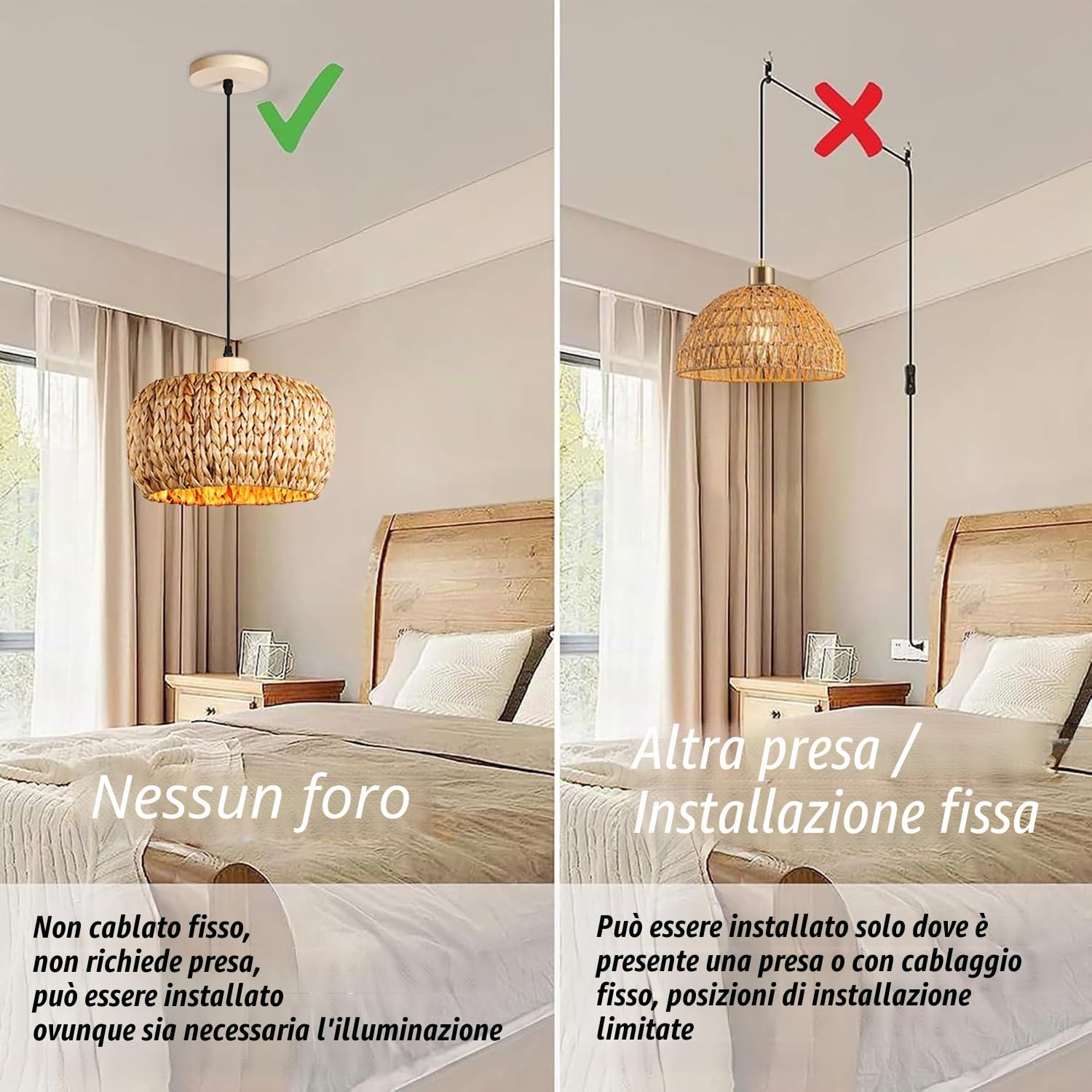 Lampada a Sospensione Boho in Rattan E27 con Batteria, Lampada a Sospensione Vintage in Bambù per Interni, Regolabile con Telecomando, Lampada a Sospensione con Lampadine RGB Ricaricabili per Sala da