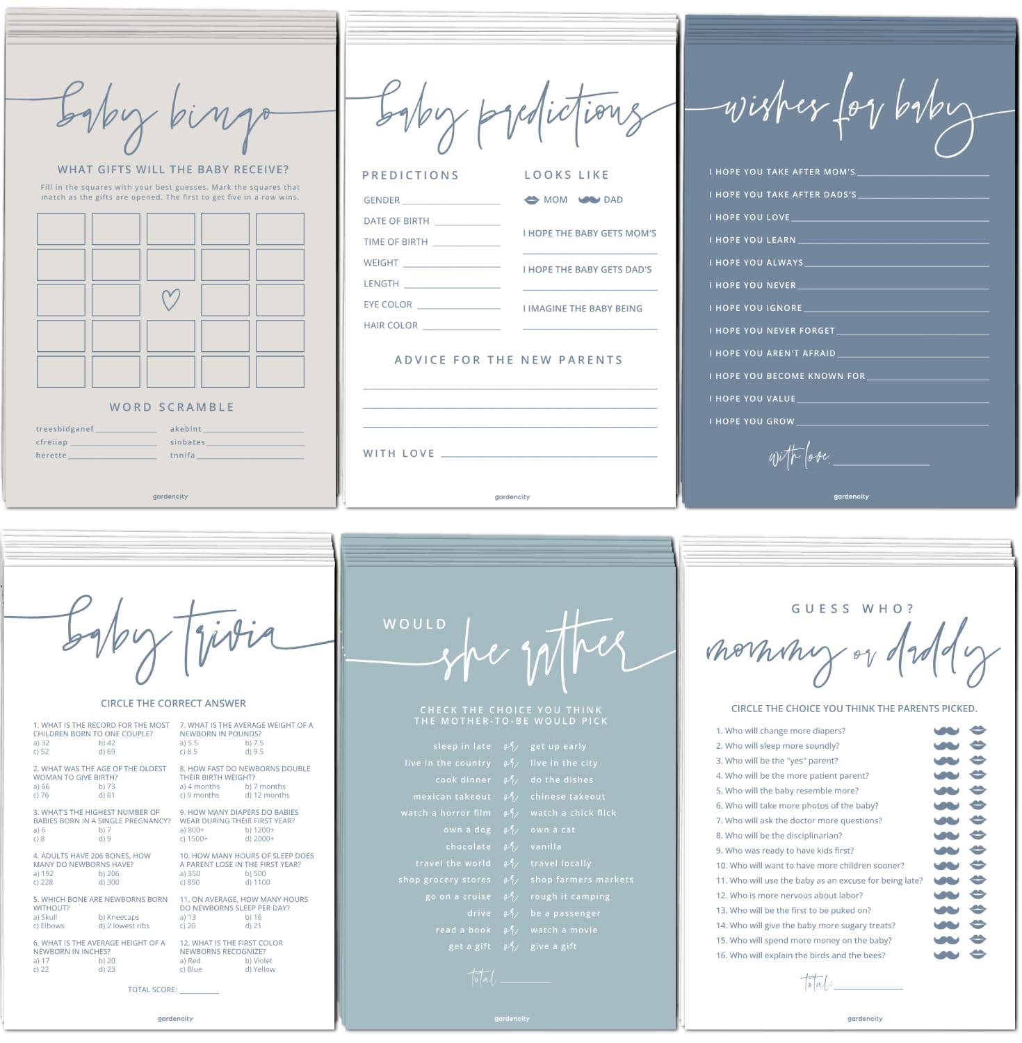 Photo 1 of GardenCity Baby Shower Games for Boy - Set of 6 Baby Shower Games for 25 Guests, Double-Sided Thick Cards, Gender Neutral, Minimalist Blue