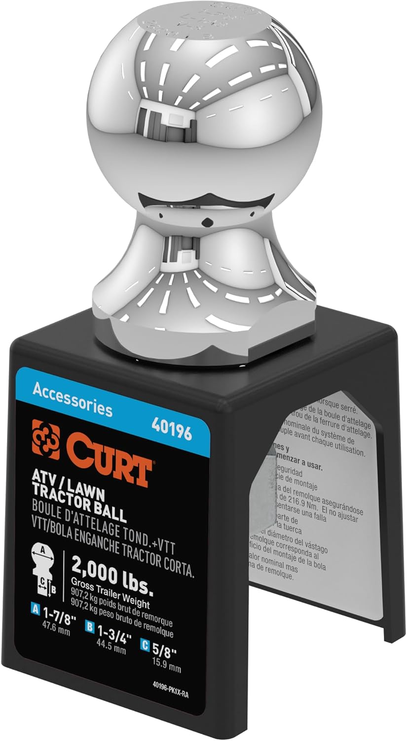 CURT 40196 Chrome ATV, UTV, Lawn Tractor Hitch Ball, 2,000 lbs, 1-7/8-Inch Diameter, 5/8 x 1-3/4-Inch Shank