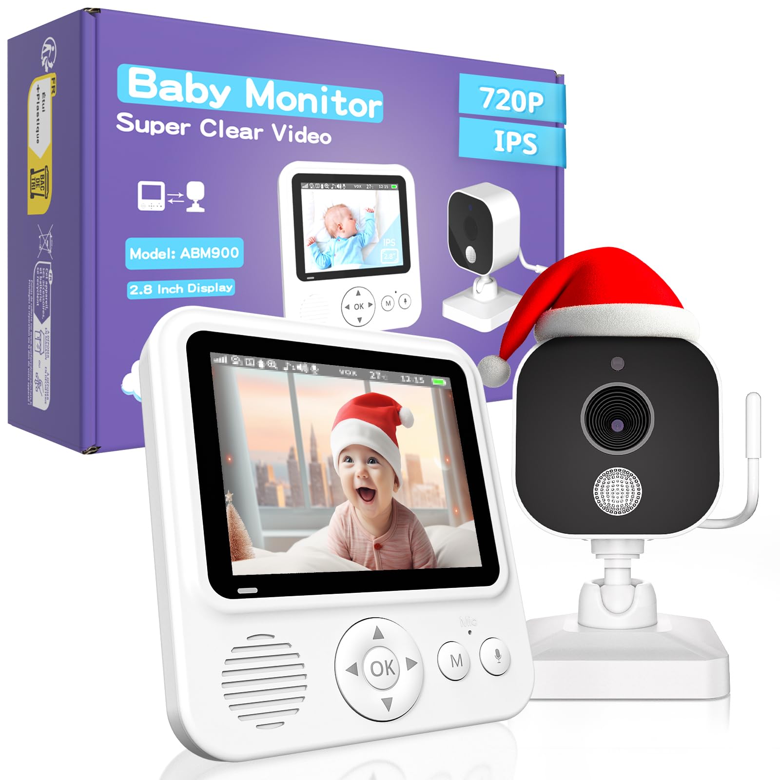 OBVHNUA Baby Monitor with Camera, 2000mAh Smart Baby Surveillance Camera with 2.8" LCD Screen, VOX, 2X 4X Zoom, Night Vision, Temperature Monitoring, Alarm Clock, Communication