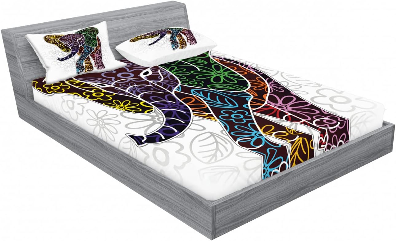Ambesonne Animal 2 Pack Fitted Sheet & Pillow Sham Set, Floral Tribal Shapes, 4 Pcs Bedding Decor, Package Contains 2 Queen Size Fitted Sheets & 4 Pillow Covers, Multicolor
