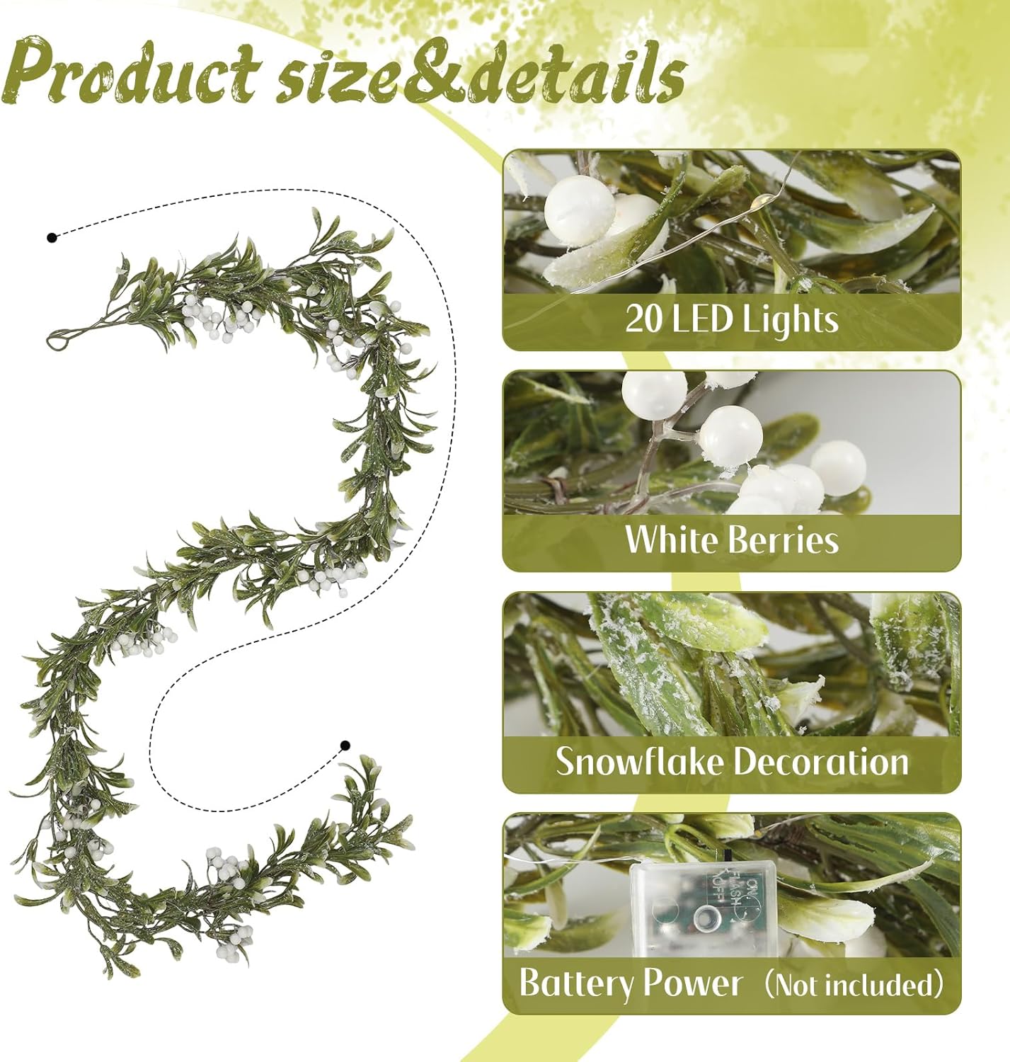 Janinka 4 Pcs 24 ft Christmas Mistletoe Garland Each 6ft LED Winter Mistletoe Olive Garland with White Berries Greenery Wreath Warm String Lights for Mantle Fireplace Stairs Wall Christmas Decorations