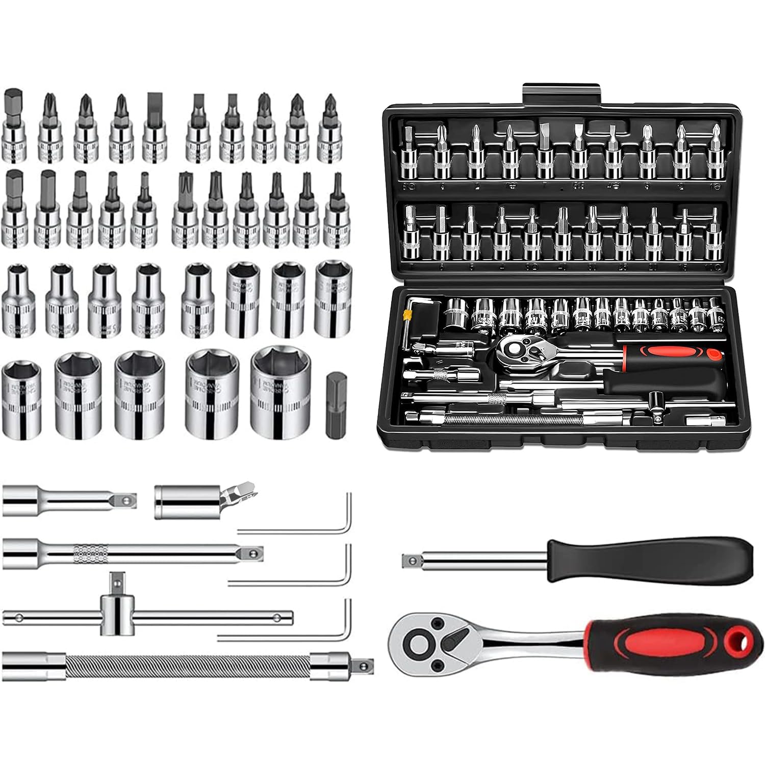 1/4 Inch Drive Socket Set, 46 Piece Ratchet Socket Wrench Set, 1/4 ...