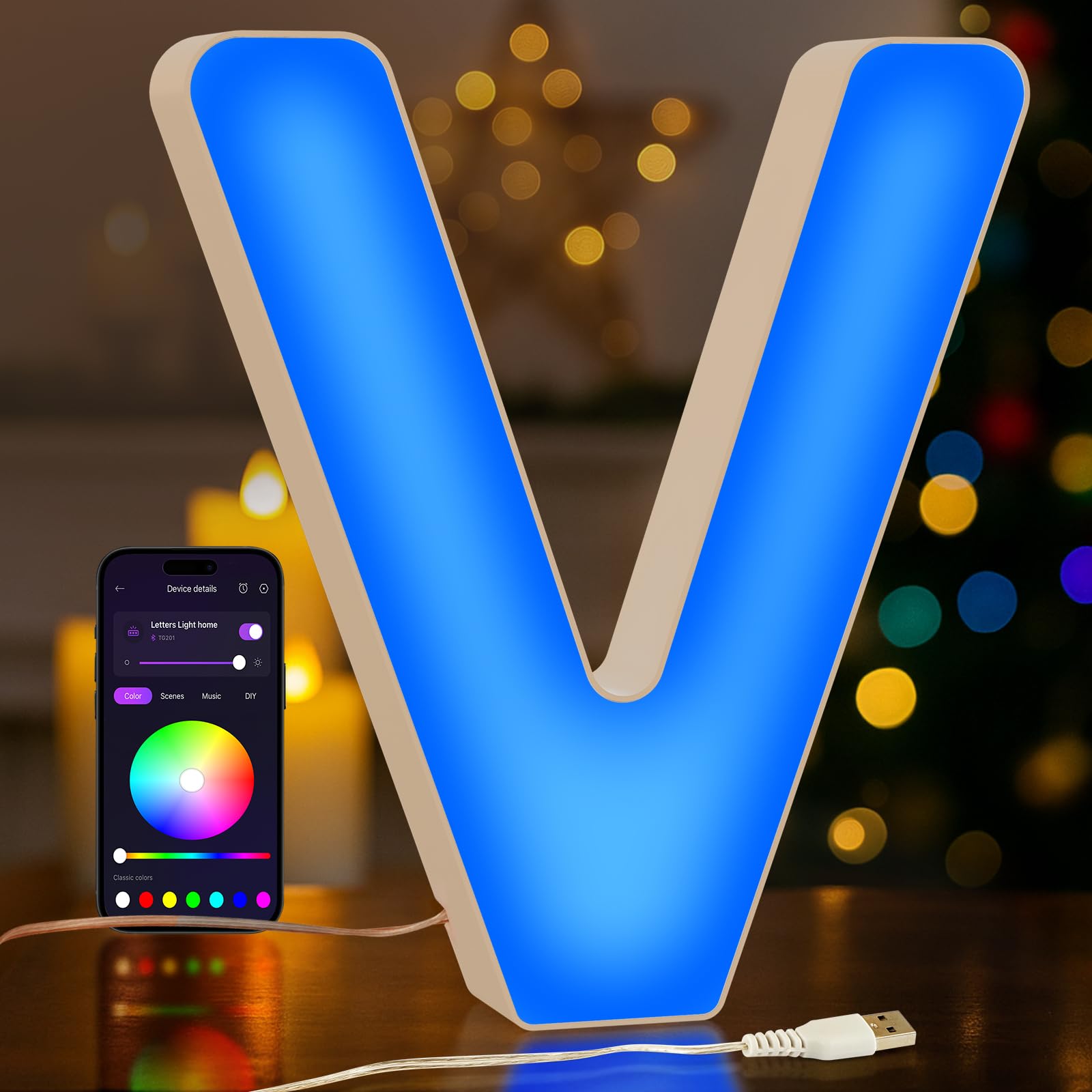 UooEA LED Light Up Letter V – USB Colour Changing Night Light with APP, Gift for Girls, Teens, Mum, Bedroom Decor, Wall/Table Display, Birthday & Christmas