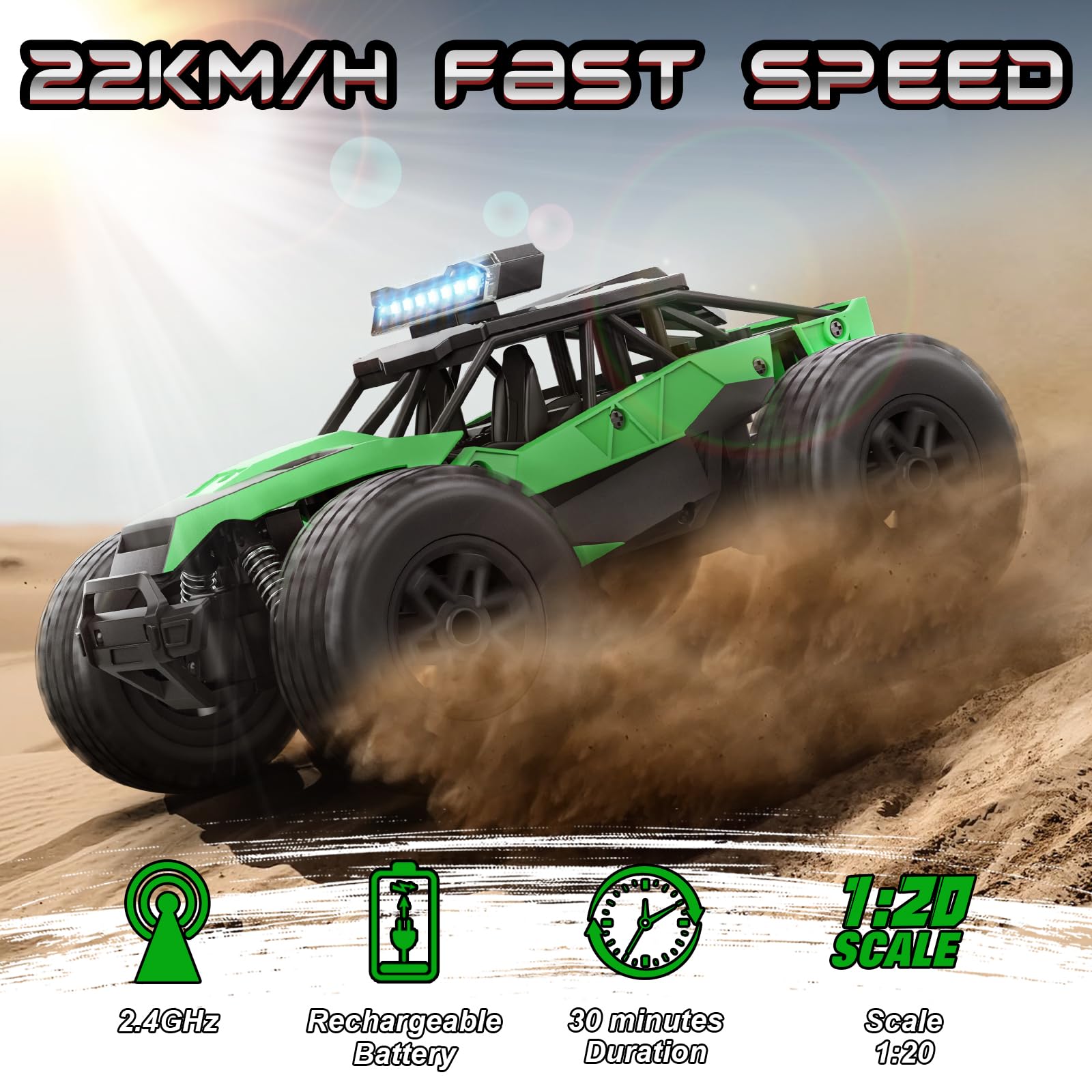Voiture Télécommandée Tout Terrain, 1:20 Voiture de Course Radiocommandée 2.4Ghz RC Camion Telecommande Rechargeable Monster Truck Jouet Garçon Jeu Extérieur Intérieur Cadeau Enfant 6 À 14 Ans