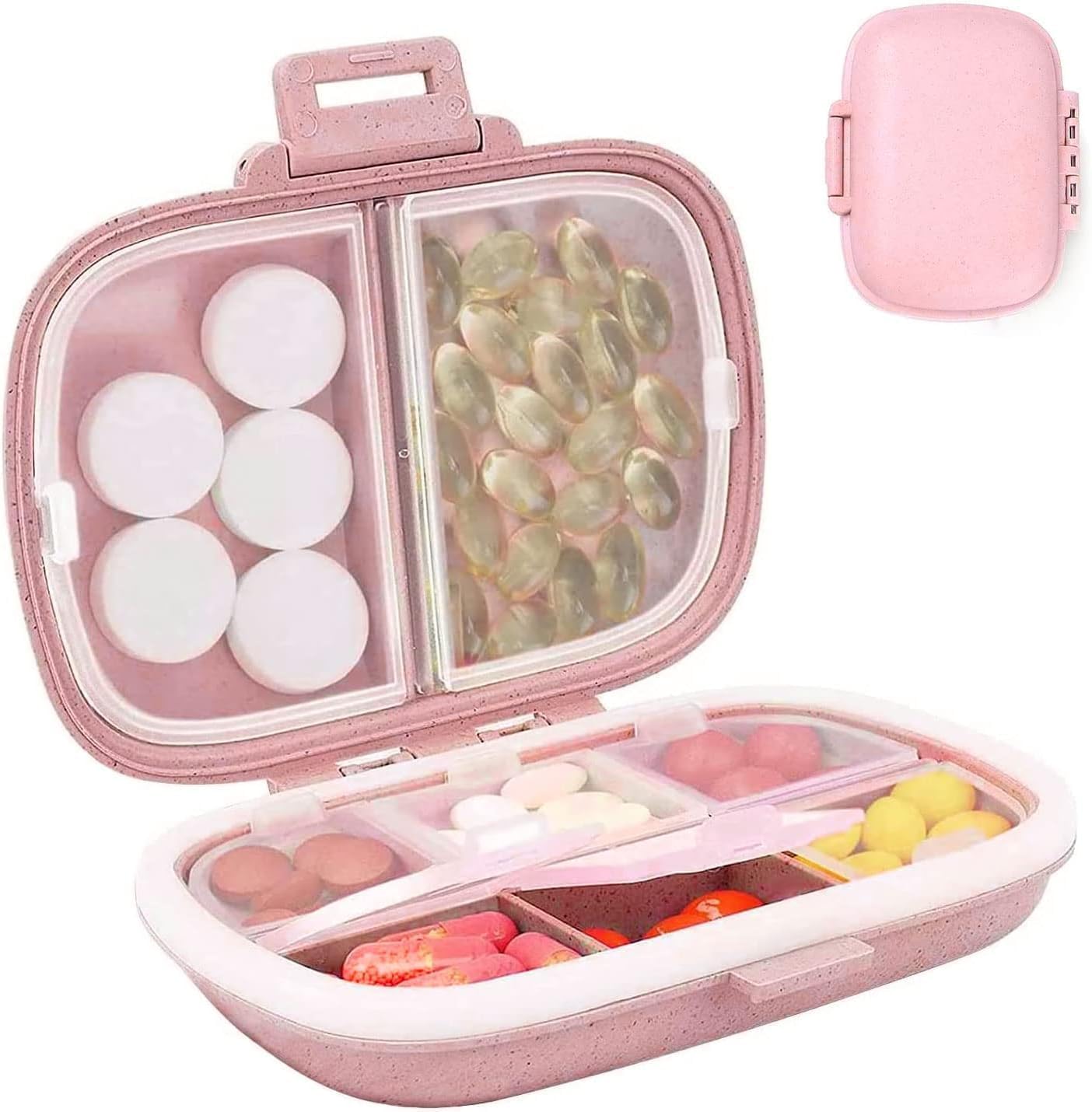 Travel Pill Container, Portable Small Cute Pill Case, 8 Compartment Small Pill Box Daily Pill Organizer for Vitamin, Supplements Storage(8 Compartment/Pink)