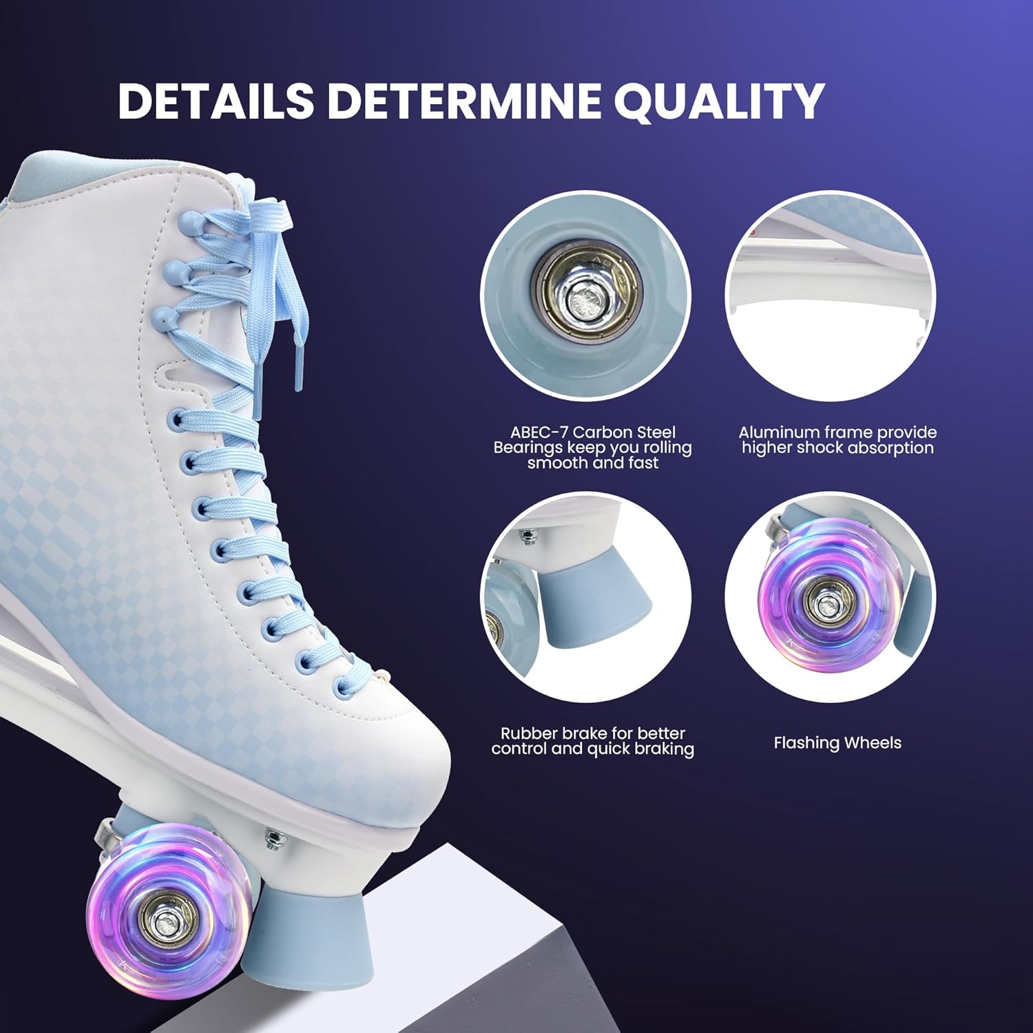 LKD Adjustable Roller Skates for Women & Men – Comfortable Quad Skates with Half-Size Adjustment, Velvet Lining, Reinforced Heel – Custom Color Options (Sizes 3-8)