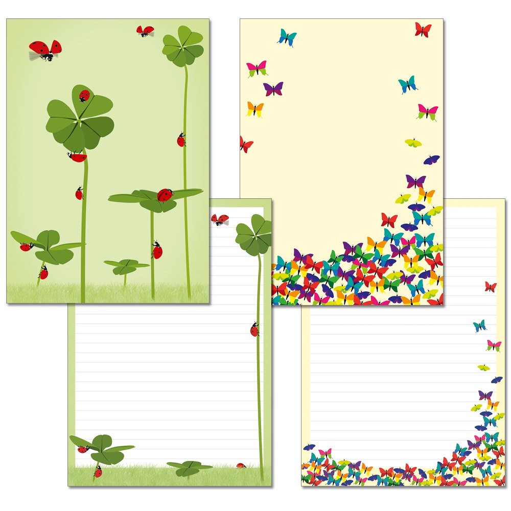 Pack of 2 writing pads, 1 x butterflies, 1 x lucky clover with ladybirds, 24 sheets each, format DIN A4 with cover sheet 7210 + 7200