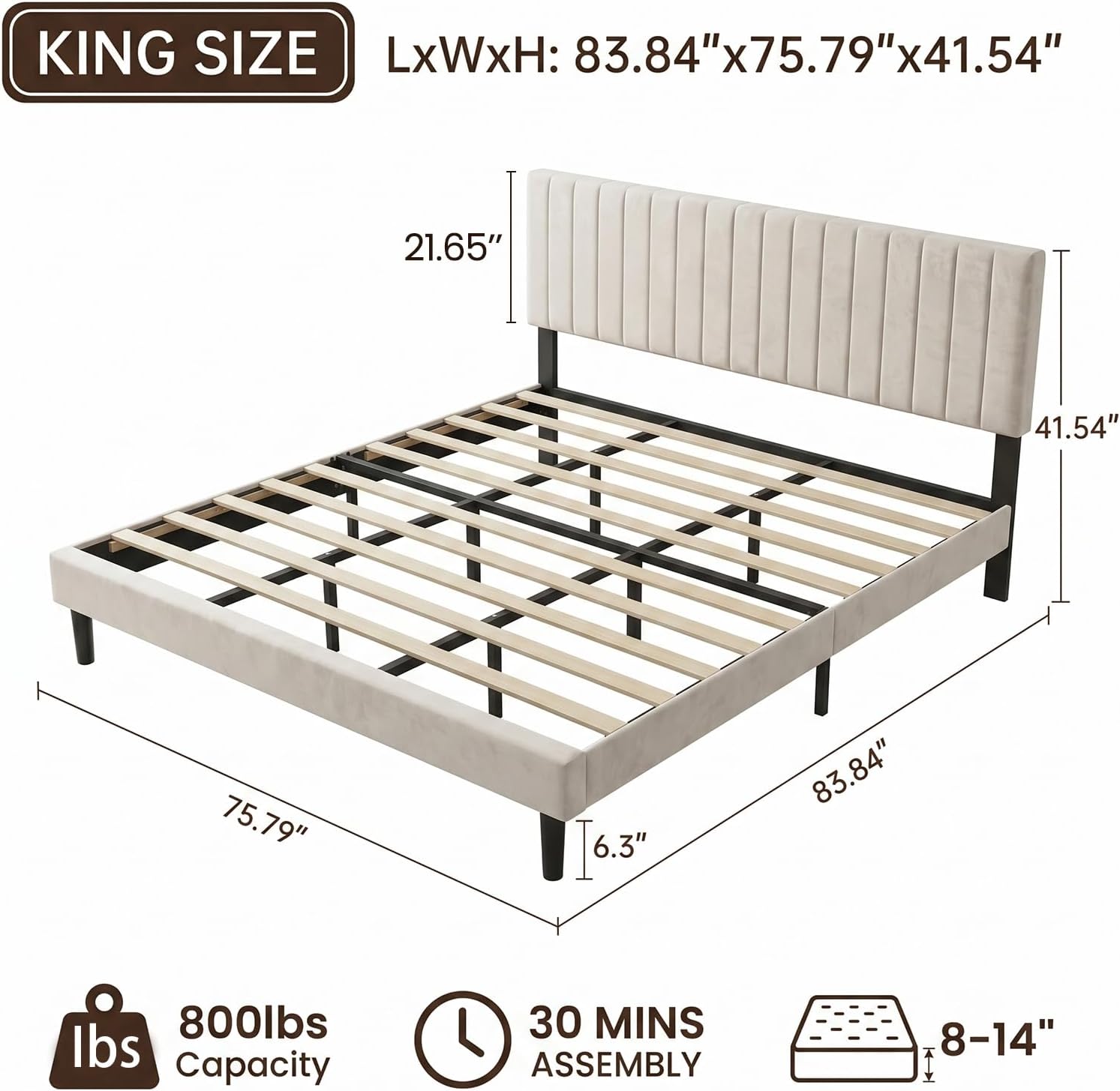 King Size Bed Frame with Headboard, Fully Upholstered Mattress Foundation Bedframe, Wooden Slats Support, No Box Spring Needed, Easy Assembly, Beige