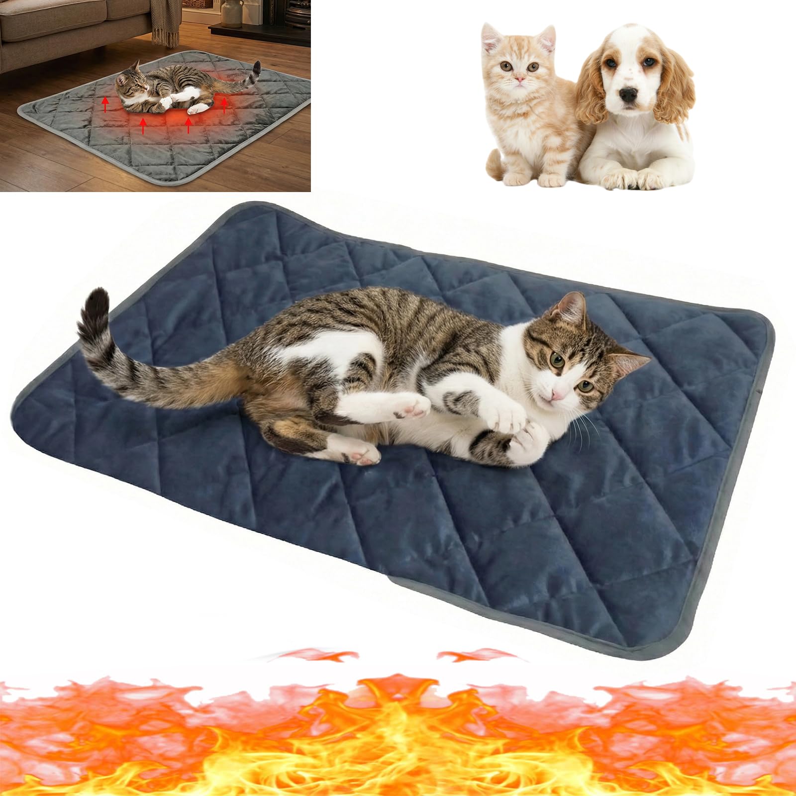 Selbstwärmende Katzendecke, Selbstheizende Katzenmatte, Reflektiert die KörperwäRme, Waschbares, Weiches Welpenkissen, rutschfeste Hundebettmatte für HaustiereBlue,L