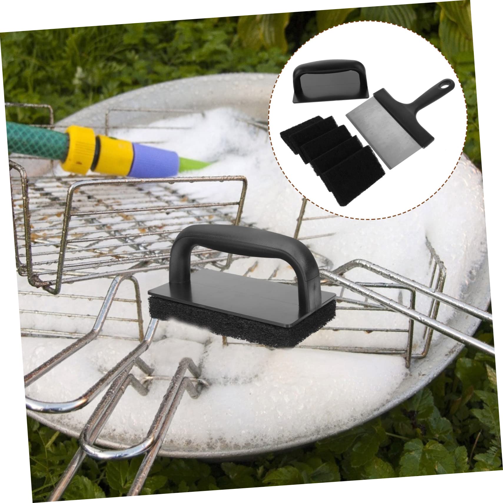 Juego de Raspadores para Parrilla de Barbacoa 1 Set Acero Inoxidable | Cepillos y Esponjas de Pp, Negro, para Rejillas de Grill, Quita Residuos Quemados, Diseño Multiuso