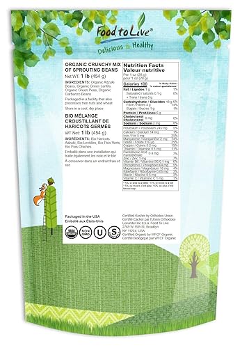 Miniatura 2 de Mezcla crujiente orgánica de granos germinantes, 1 libra, sin OMG, kosher, no irradiada, vegana, cruda, seca, a granel, guisantes verdes orgánicos,