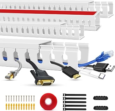 Cable Duct Management Raceway Kit, 62.8" 4 x 15.7 Server Rack Cable Management, Cable Management for Hide Network HDMI VGA Cable, Open Slot Cable Track Desk Wire Channel, Cable Raceway White 4 Pack