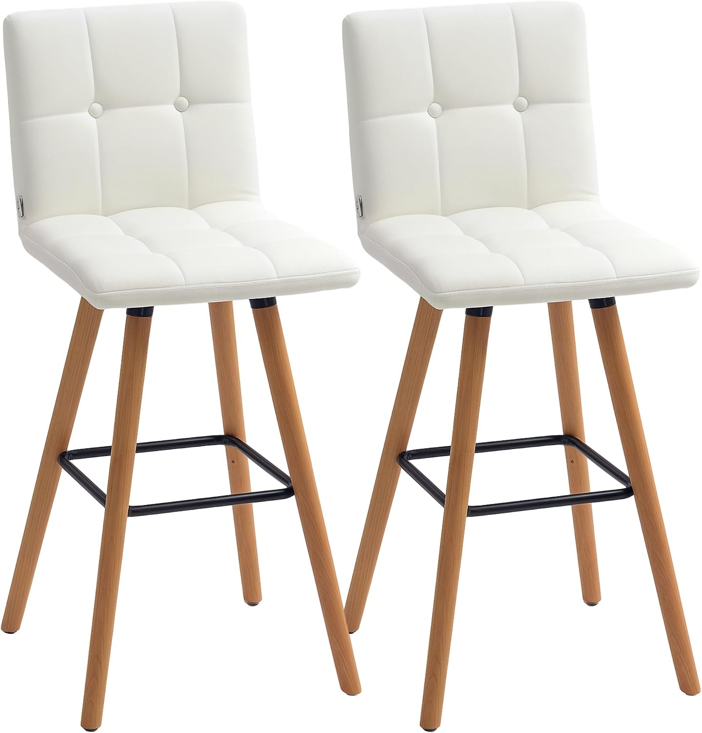 HOMCOM Modern Bar Stools Set of 2, 38" Upholstered Kitchen Island Stool with Solid Wood Legs, Backrest and Steel Footrest for Dining Room, Kitchen, White