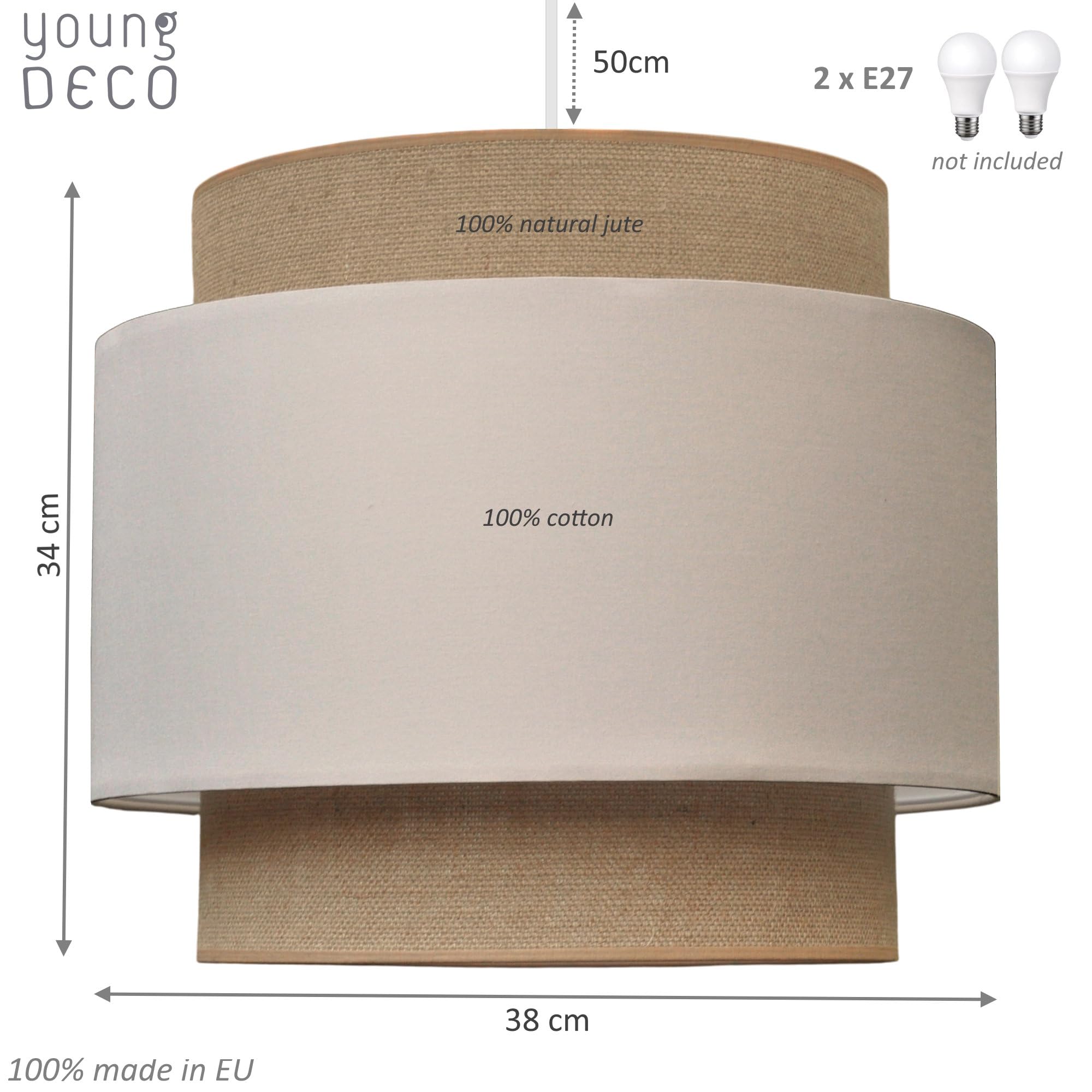 BALI Lámpara estilo BOHO 2xE27, pantalla de tela, Ø38 cm (yute natural y algodón) lámpara de techo para habitación infantil, salón, dormitorio y cocina, fabricada en la UE