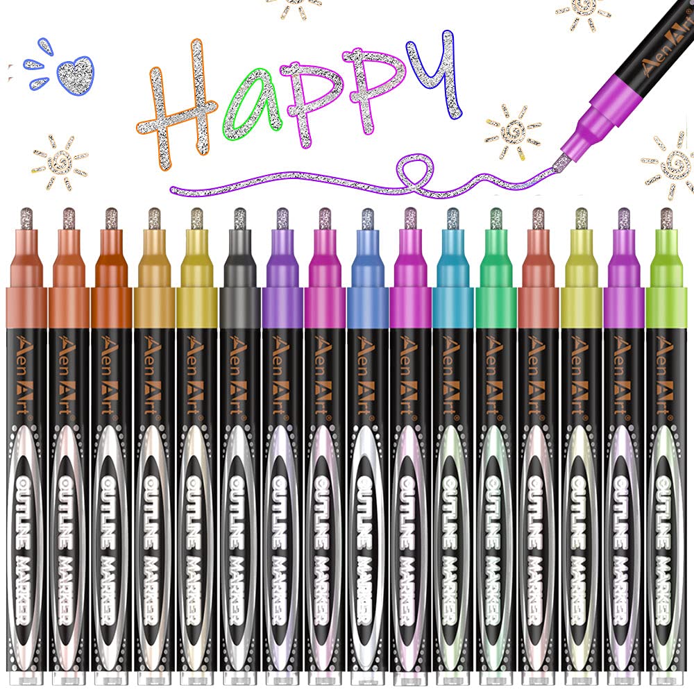 Aen Art Double Line Markers Outline Pens, Squiggles Shimmer Outline Marker Set, 16 Colors Doodle Shimmer Pen for Drawing, Making Card, Craft Project