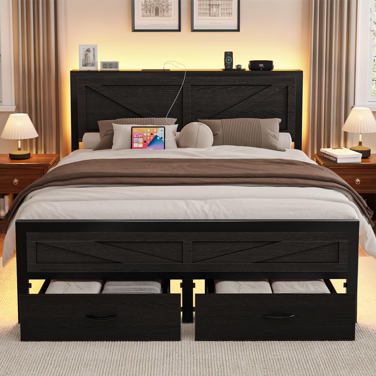 Rustic Full Size Bed Frame with Storage Drawers and Barn Door Headboard, Metal Industrial Platform Bed Frames, Farmhouse LED Bed Frame Full with Charging Station, Black