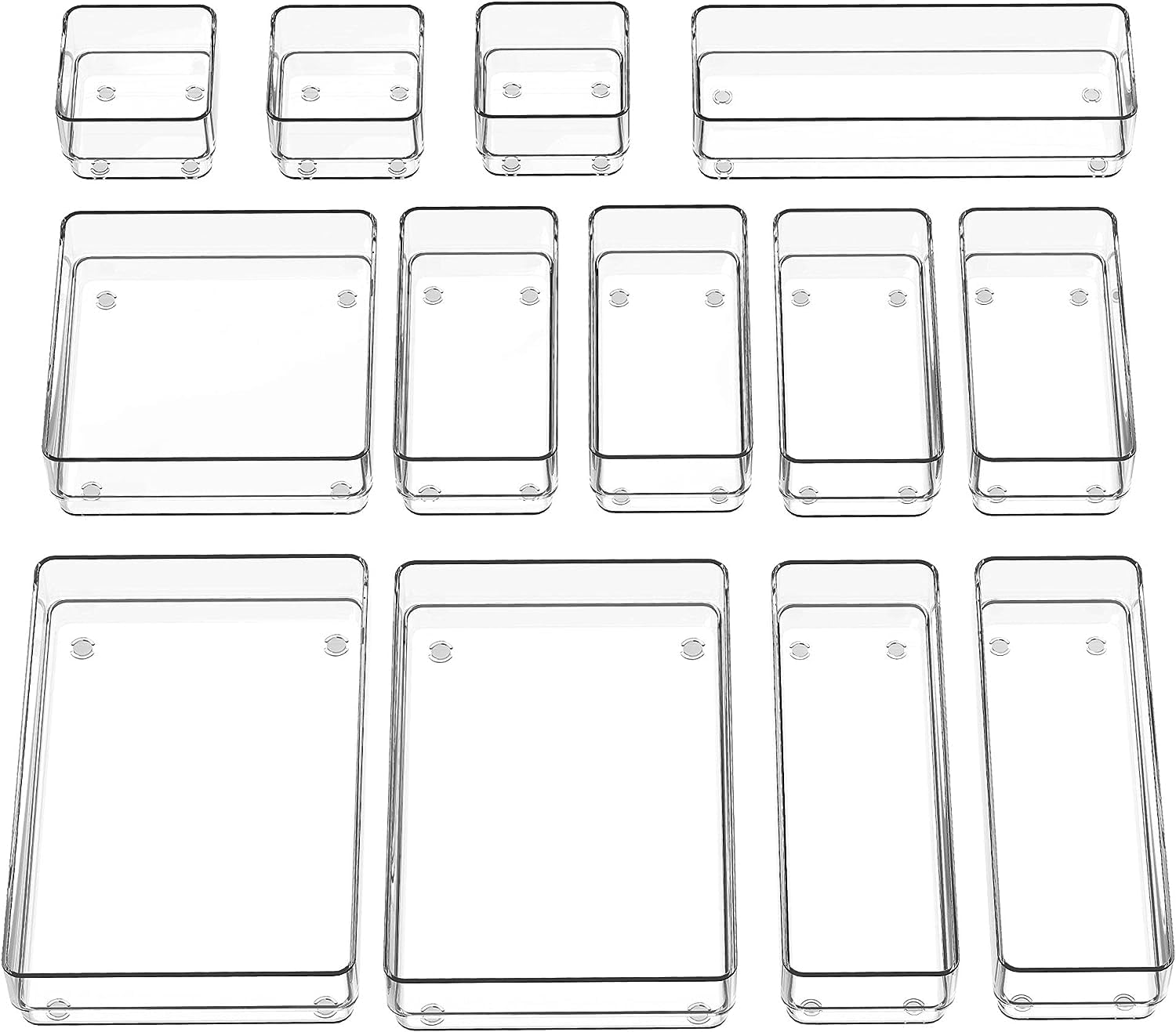 Clear 25pcs Plastic Drawer Organizers Set, 4-Size Versatile Bathroom and Vanity Drawer Organizer Trays, Storage Bins for Makeup, Bedroom, Kitchen Gadgets Utensils and Office Desk