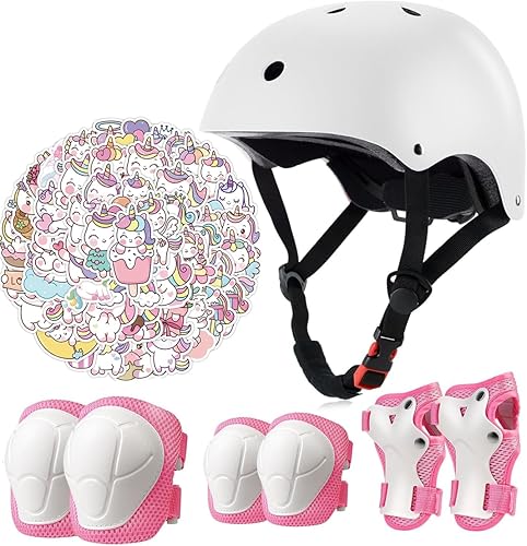 Miniatura 15 de Juego de casco de bicicleta para niños, certificado CPSC con rodilleras, coderas, muñequeras, casco negro ajustable para niñas de 2-3-5-8 años,