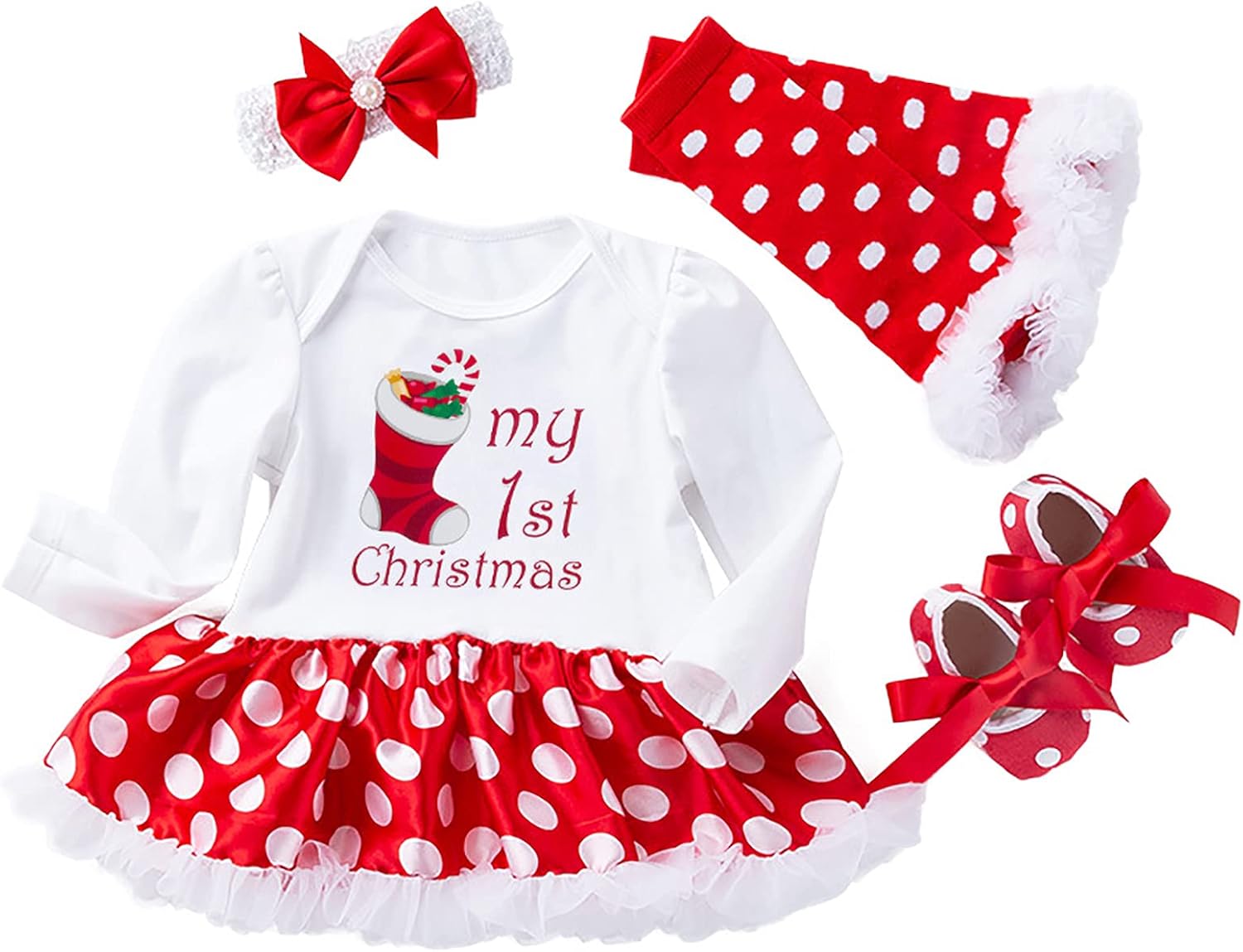 4Pcs Newborn Baby Girls Christmas Outfit Headband Romper Tutu Dress Leg Warmer Set for Baby Girl 0~24 Months