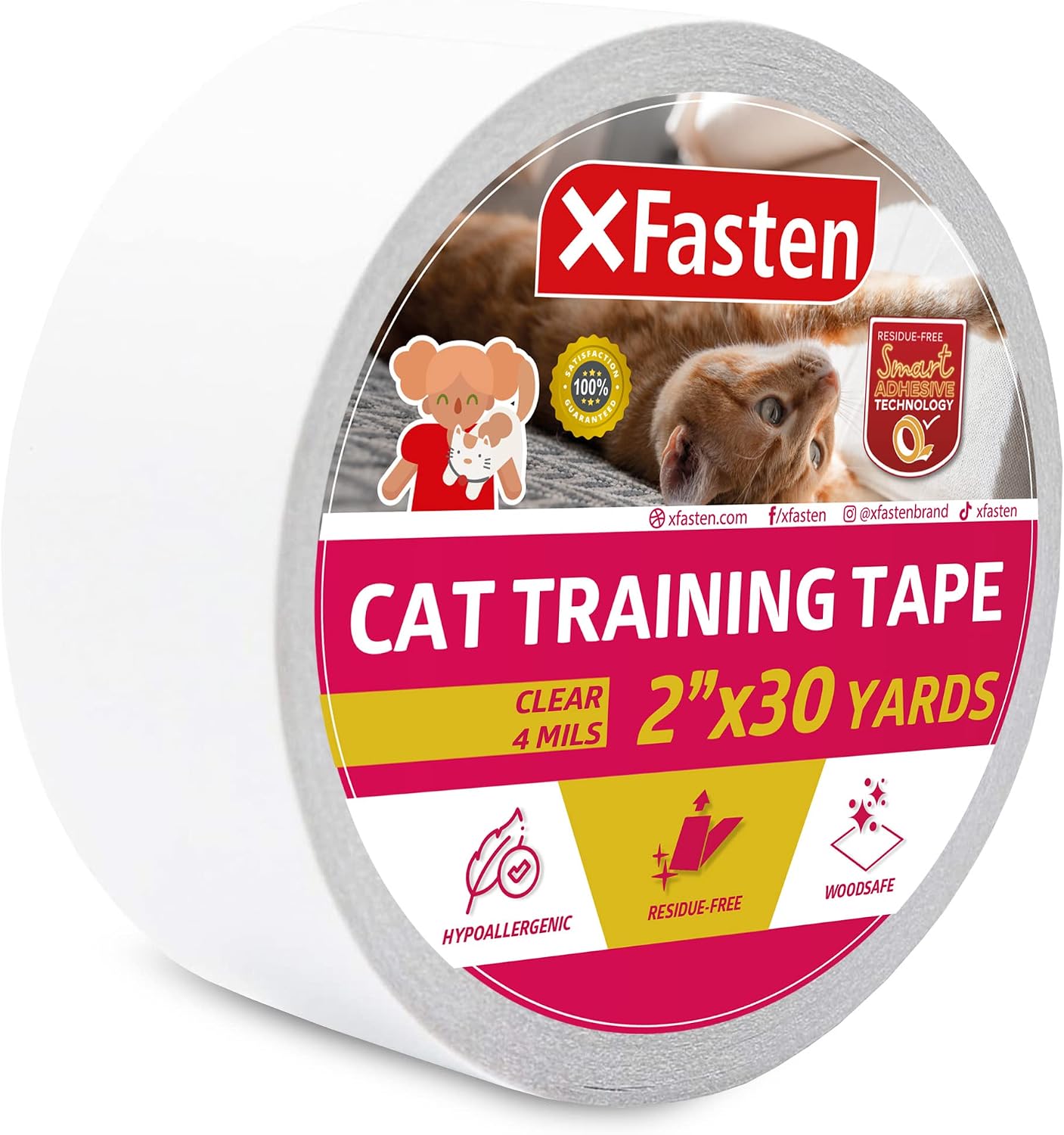 XFasten Anti-Scratch Cat Training Tape, Clear, 2-Inches x 30 Yards; Door, Kitty Paw Tape for Couch, Furniture and Leather Stop…