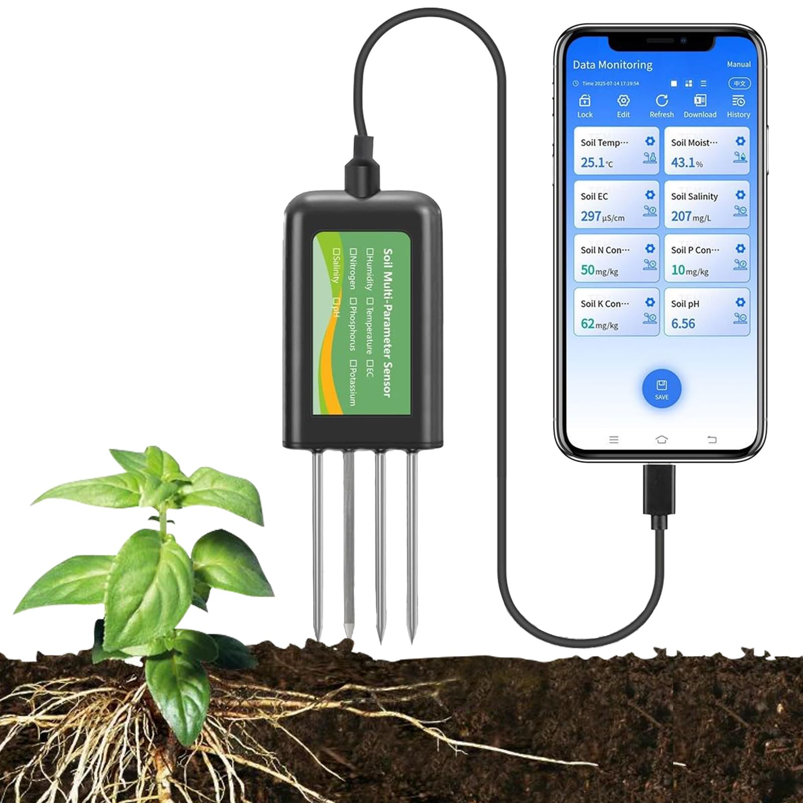 7-w-1 Usb Czujnik Gleby: Cyfrowy Tester Gleby Dla Npk, Ph, Temperatury & Wilgotności - Profesjonalny Monitor Rolniczy Z Trwałą Sondą - Kompatybilny Z Android & Harmonyos Dla Ogrodu, Farmy & Trawnika
