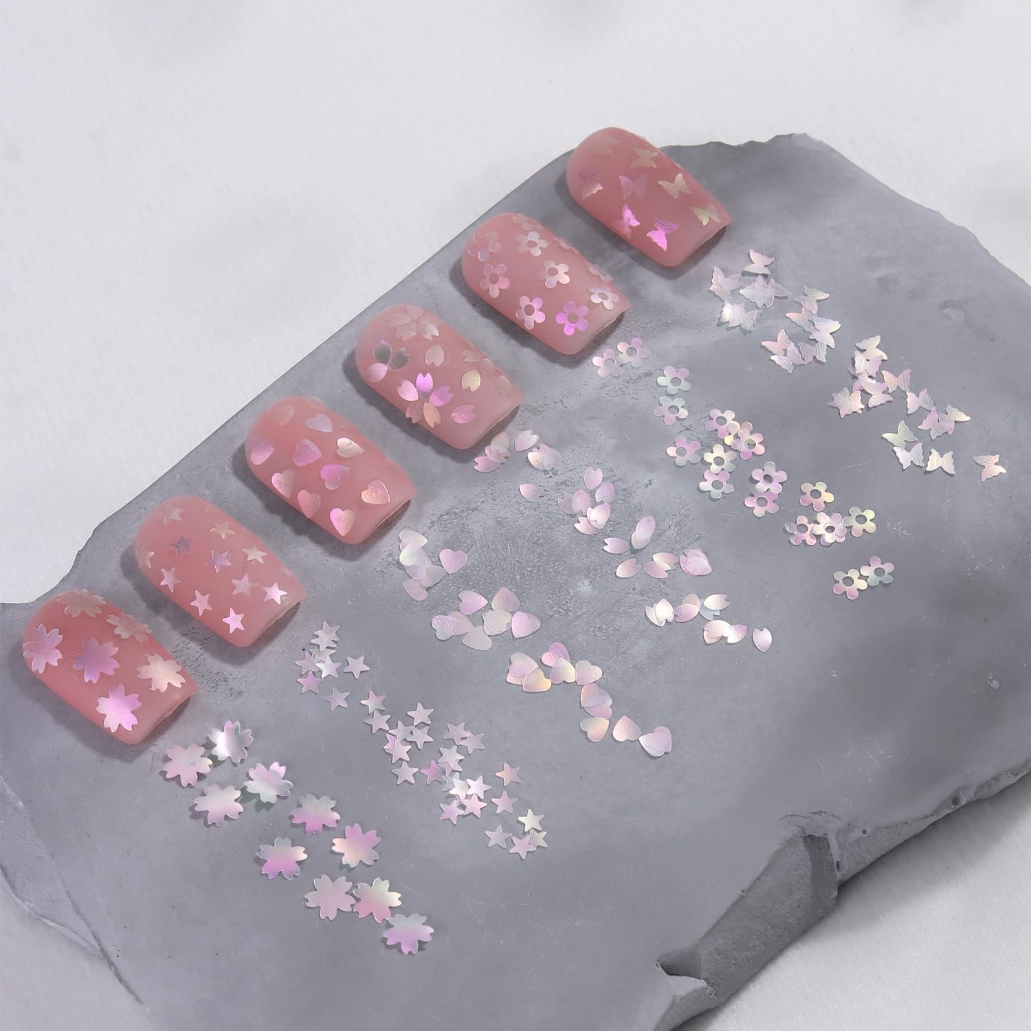 Fcozpjk Pink Iridescent Chunky Nail Glitter Extra-Thin Moon Star Butterfly Polka Dots Hearts Sequins for Nails Aurora Holographic Flakes Mermaid Design Spangles Decorations Manicure DIY Craft Epoxy