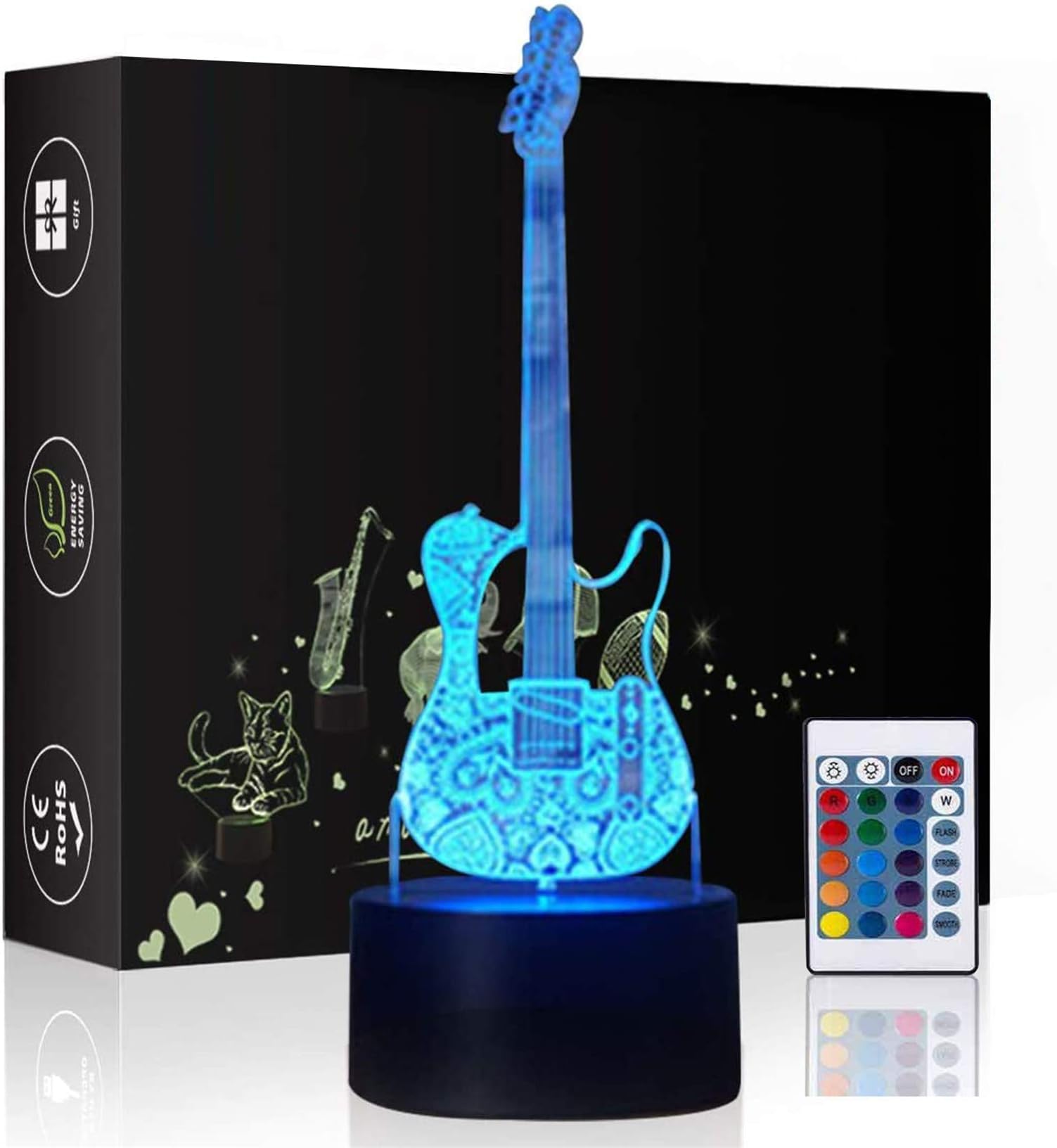 HeXie LED Night Lights 3D Illusion Bedside Table Lamp 16 Colours Changing Sleeping Lighting with Smart Touch Button Warming Present Creative Decoration Ideal Art and Crafts (Guitar)