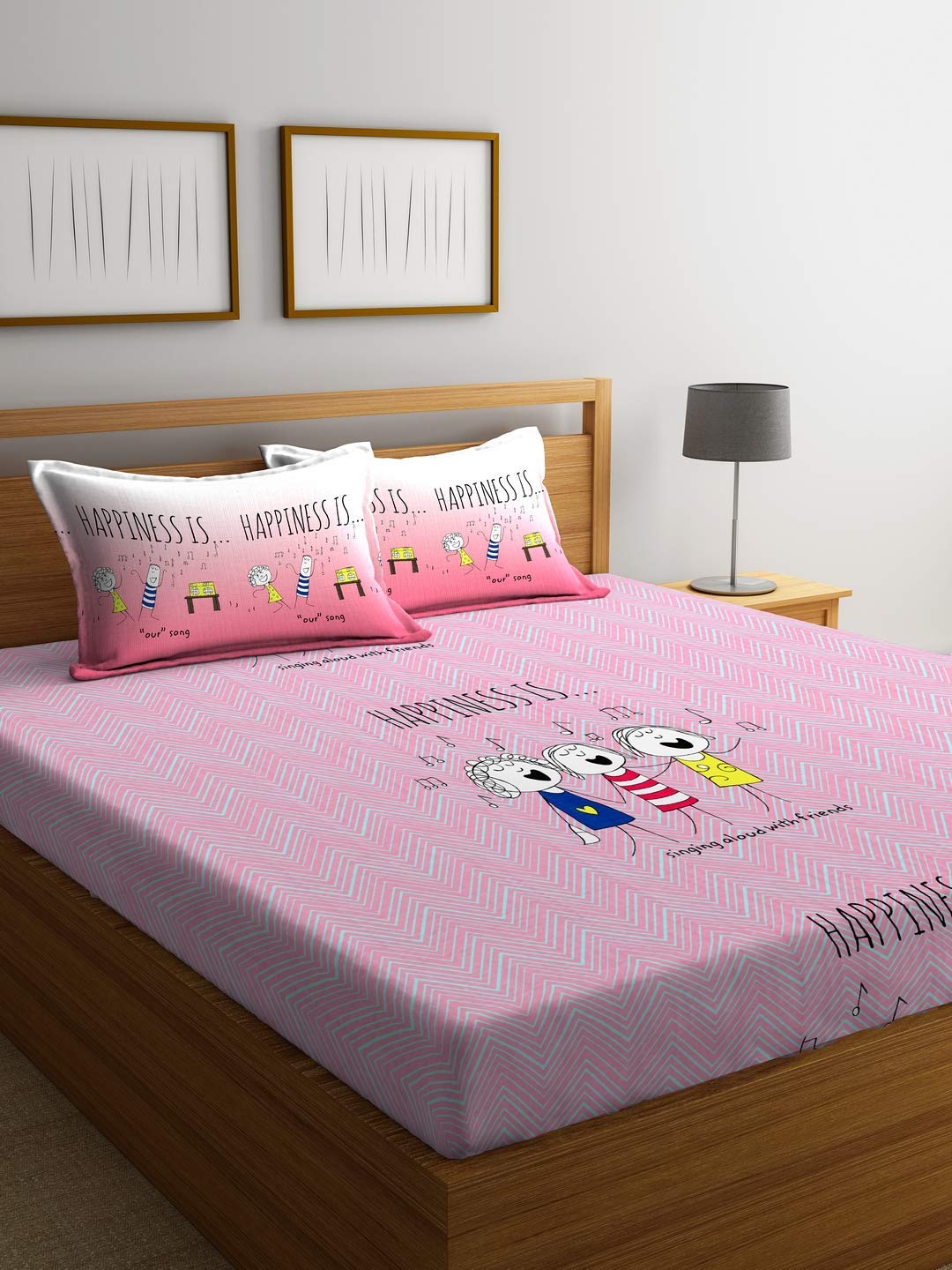 PorticoHappiness Queen Bedsheet Set Printed, Pink, 150X198cm, 8101901