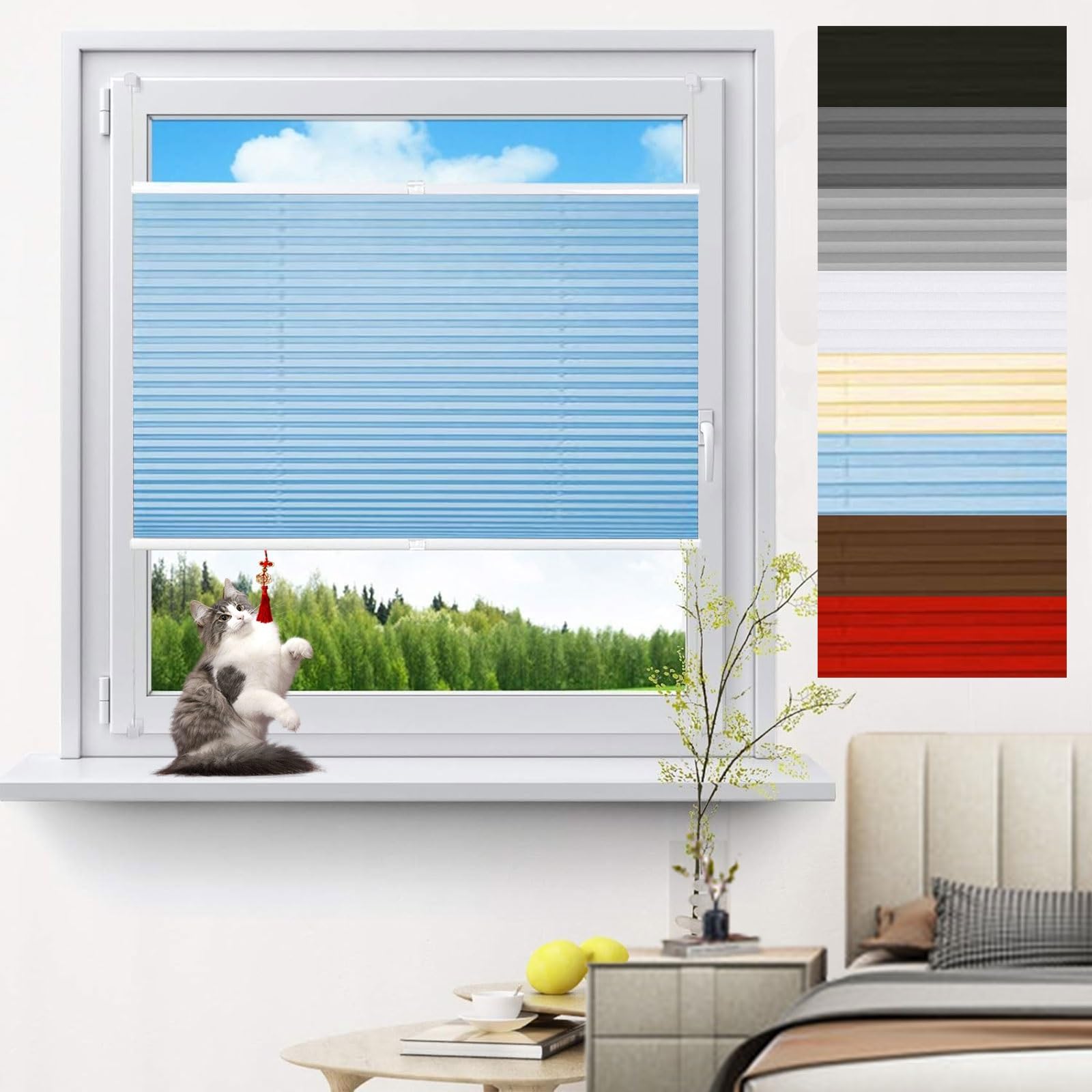 Store Plissé 100 x 140 cm (L×H), Klemmfix sans Perçage Store Plissé Jour Nuit sans Perçage Décoration Moderne, sur Mesure pour Fenêtre & Porte, Bleu Clair
