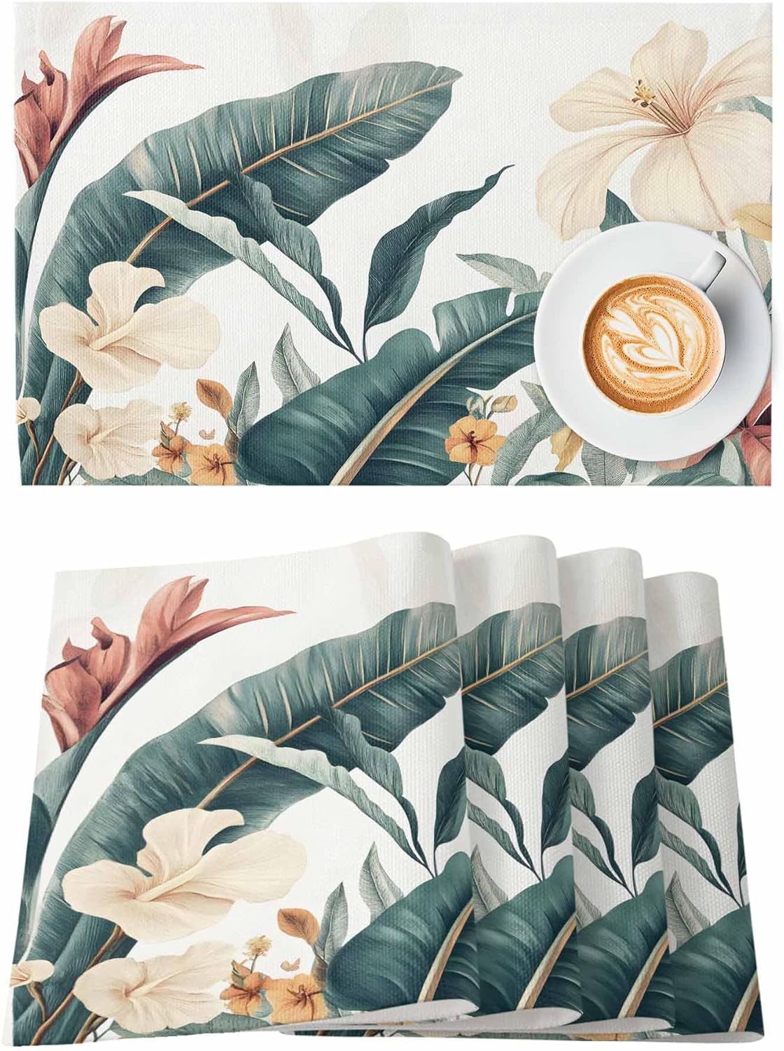 Tropical Leaves Floral Placemats for Dining Table Set of 8, Vintage Watercolor Flowers Linen Cloth for Square/Rectangle/Round Table Mat Placemat, Kitchen Dinner Holiday Décor