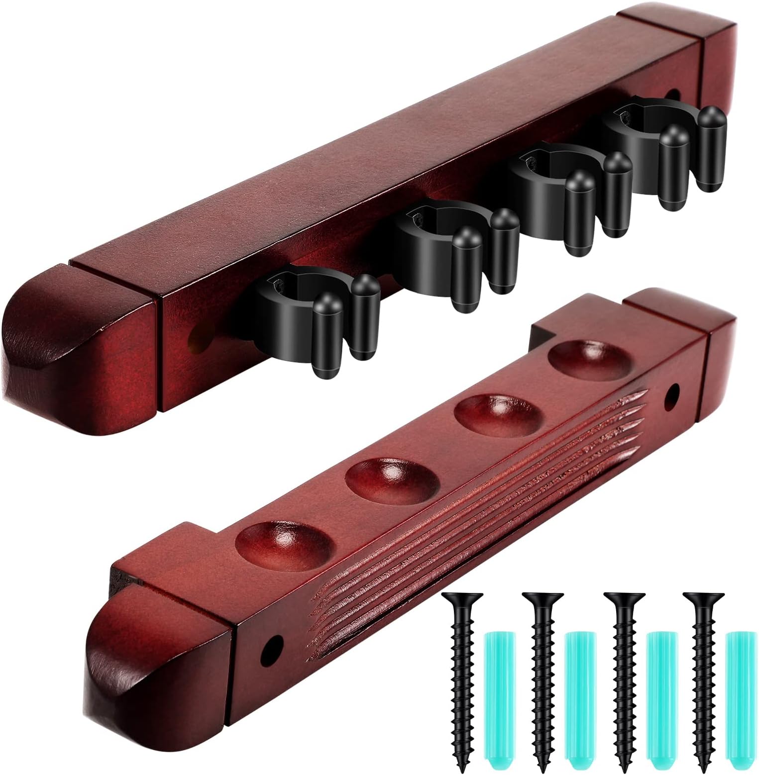 Hanaive 2 Piece 4 Pool Cues Wood Wall Rack with Clips Wall Mounted Hardwood Billiard Pool Cue Rack Finish Hardwood Cue Sticks Rack Billiard Stick Wall Rack with 4 Cue Clips for Billiard