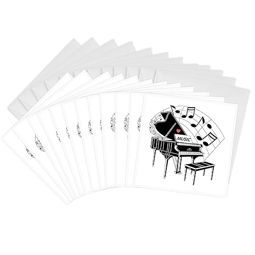 3dRose Piano negro con notas bailando y música de amor en él - Tarjetas de felicitación, 6 x 6 pulgadas, juego de 12 (gc_44809_2)