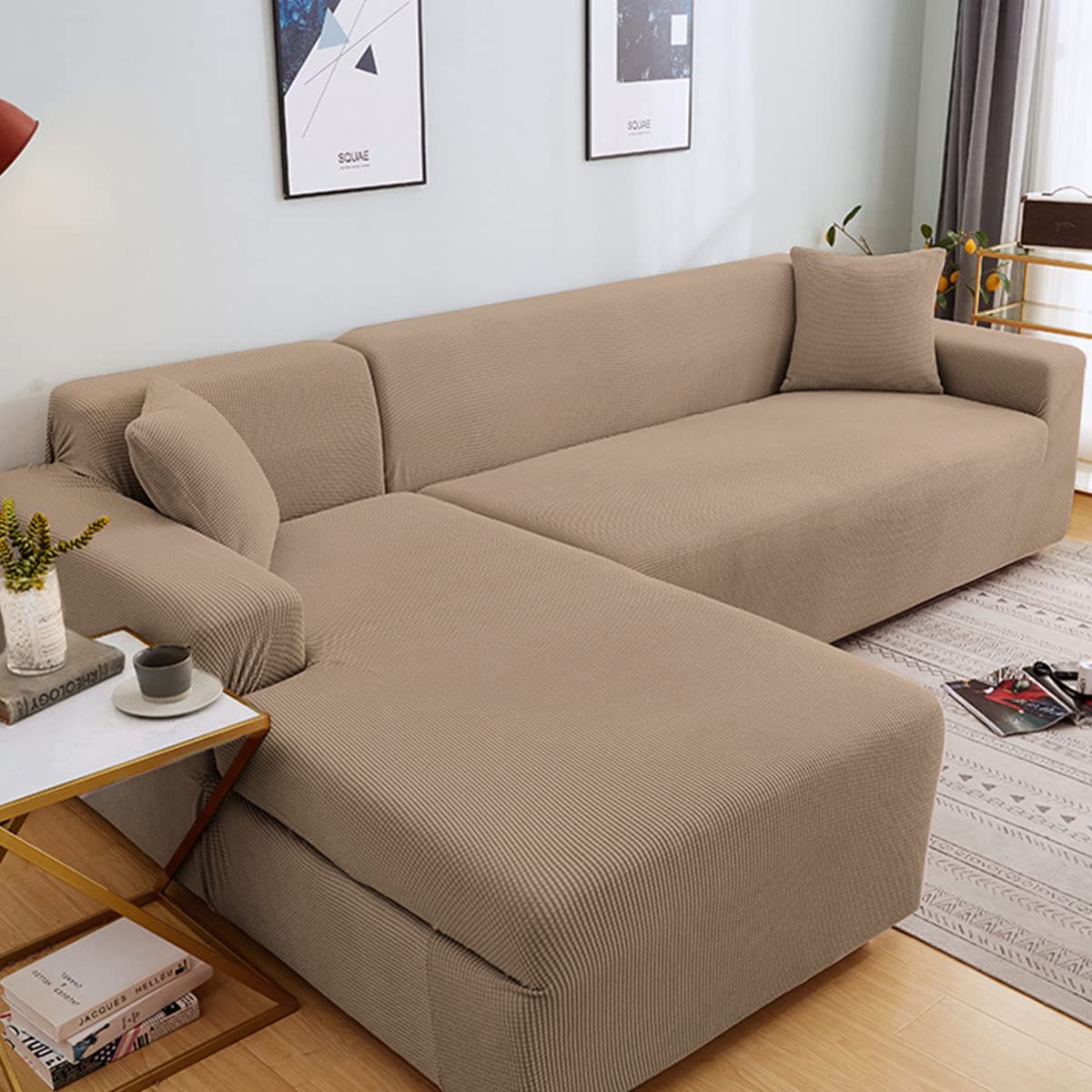 Housses de canapé extensibles 1 2 3 4 places en fourrure lavable couleur camel
