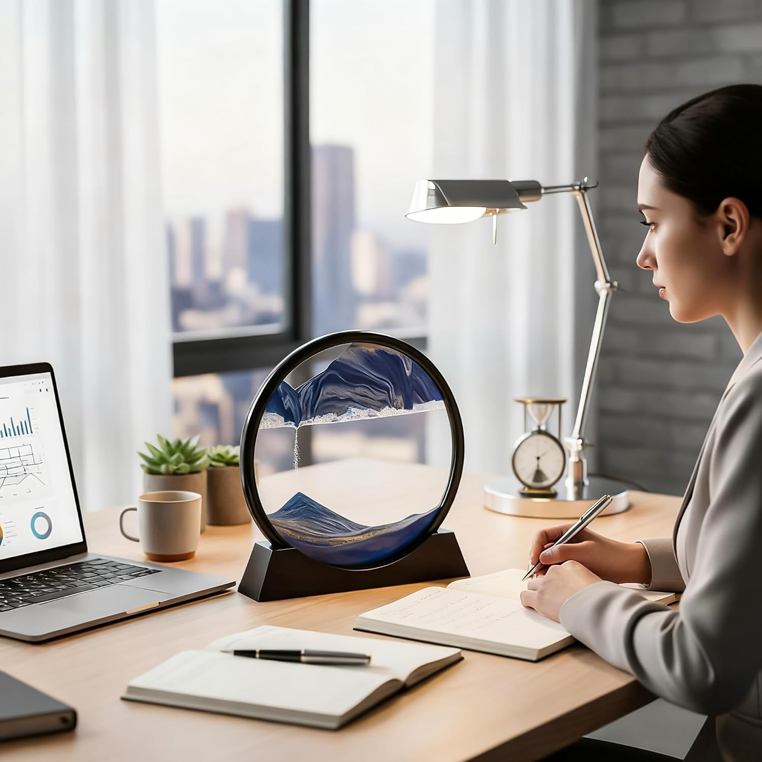 Hiceeden Set of 2 Moving Sand Art, 10 Inch 3D Sand Liquid Motion Sandscapes, Round Glass Deep Sea Sand Picture, Flowing Sand Painting for Office Desktop, Home Decor, Relaxation Toy, Blue and Purple - Image 5