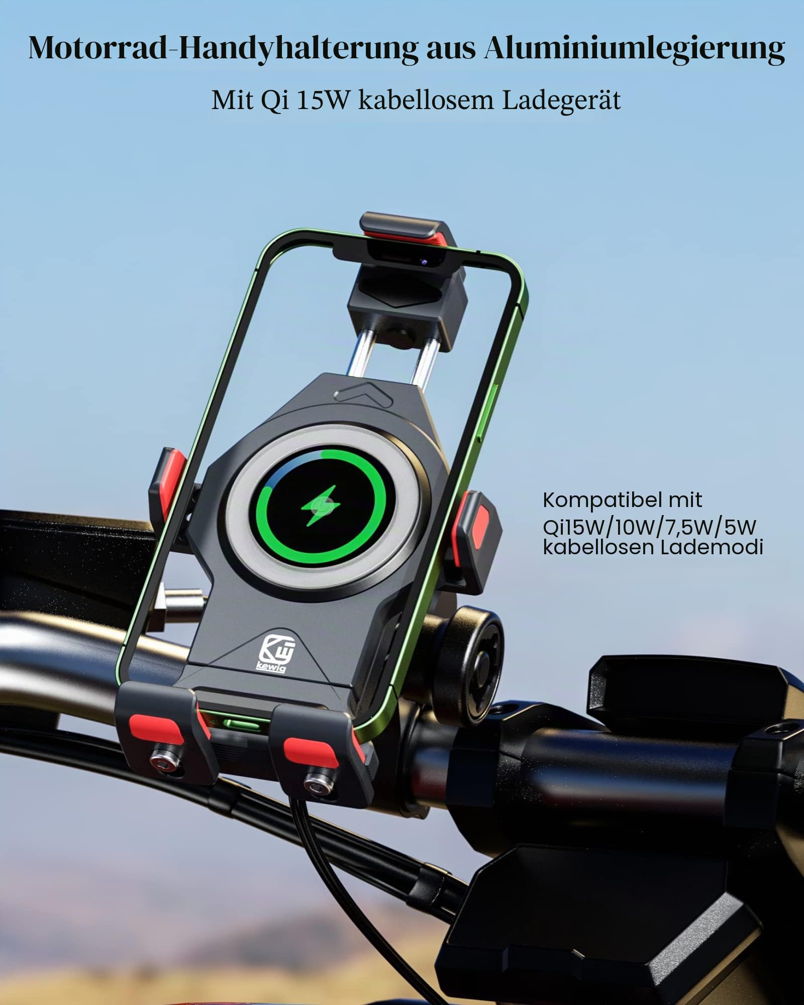 BRCOVAN Metall Motorrad Handyhalterung mit Qi 15W Drahtloses Ladegerät | mit Vibrationsdämpfer, Aluminiumlegierung, Einstellbar Outdoor Lenker Handy Halterung für 4,7-7,2 Zoll Smartphone