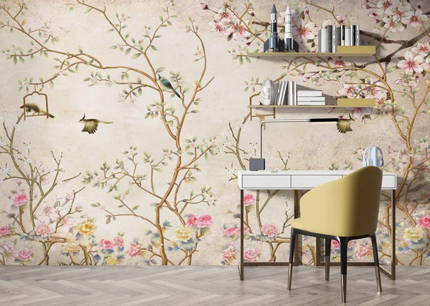 Flowers and Birds On Beige Background Floral Peel and Stick Wallpaper 100''H x 150''W