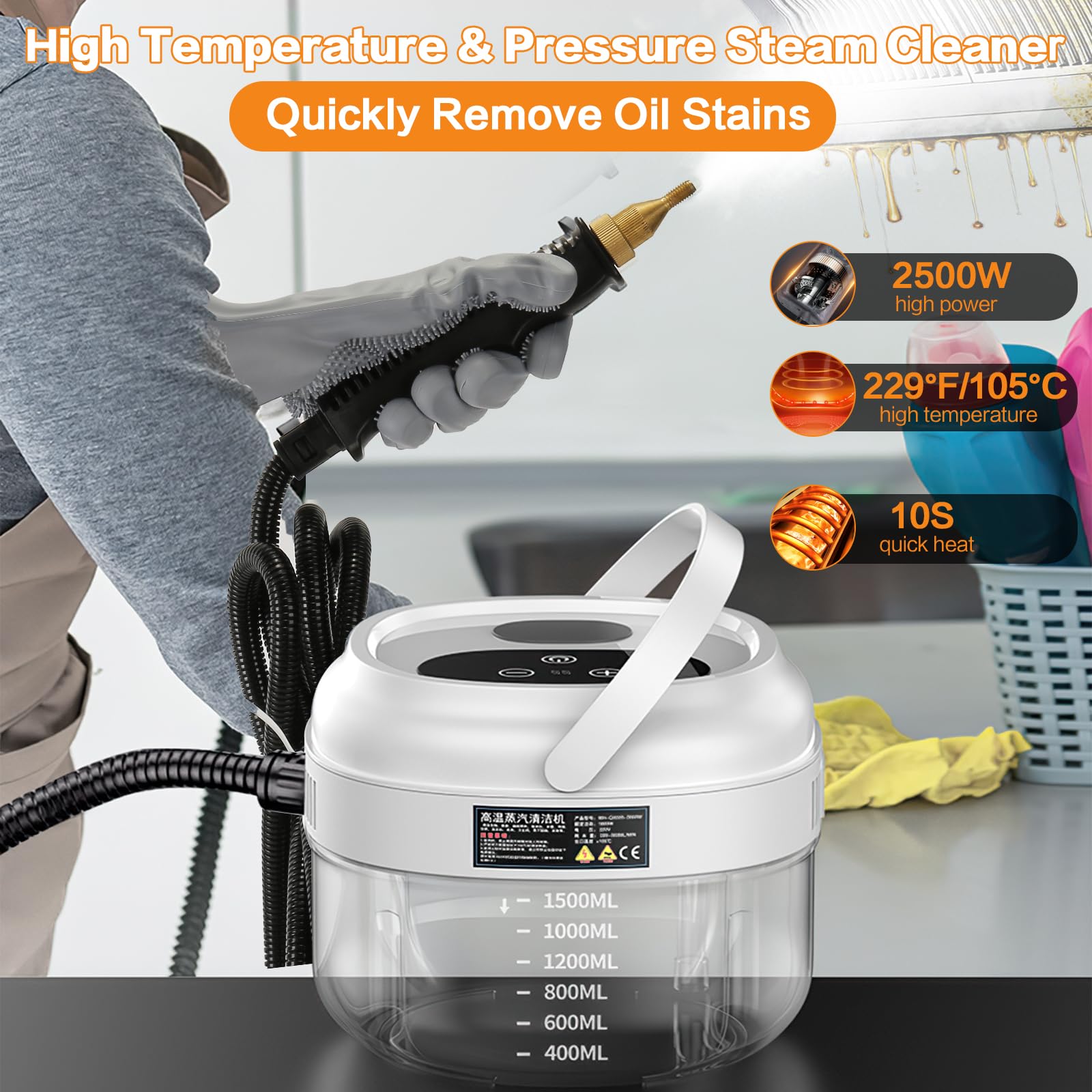 2500W Steam Cleaner Handheld – 1200ML Tank, 7-in-1 Kit With Brushes, For Car, Kitchen, Bathroom, Windows & More