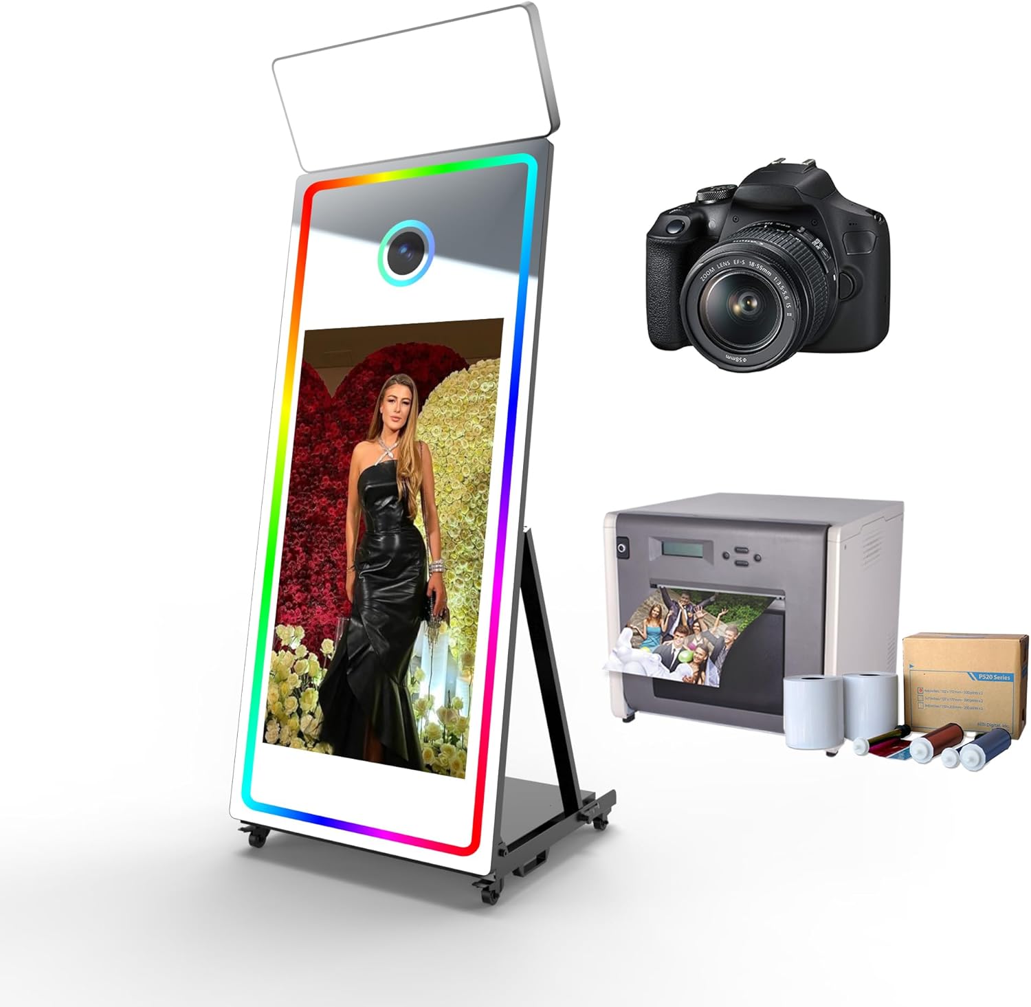 Magic Mirror Photo Booth, 65’’ Mirror Photo Booth, 43’’ Interactive Touch Screen, Built-in Mini PC with Instant Print and Sharing(with Camera and Printer)-Black