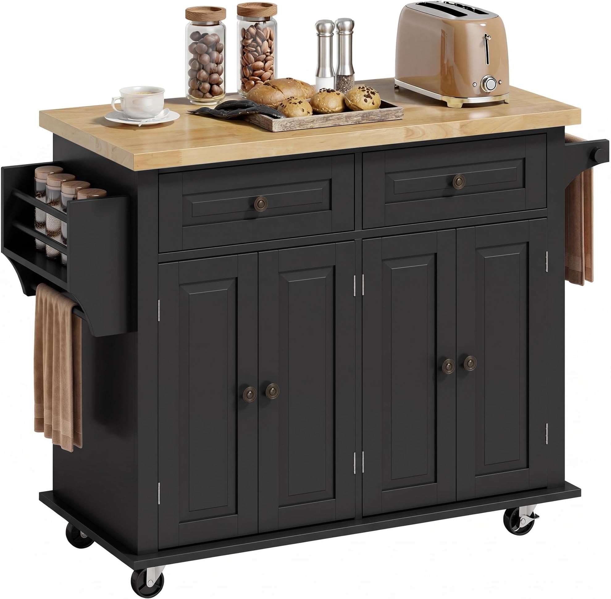 HOMCOM Kitchen Island on Wheels, Rubberwood Top, Spice Rack, Black