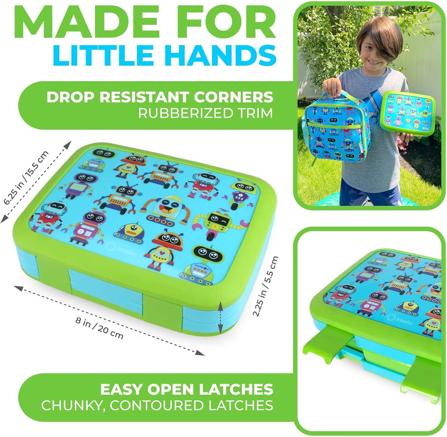 kinsho Bento Lunch Box and Insulated Bag, Water Bottle & Ice Pack Set for Kids Toddlers, 4 Portion Sections, Removable Tray, PreSchool Kid Toddler Daycare Lunches, Snack Container, Robot - Image 3