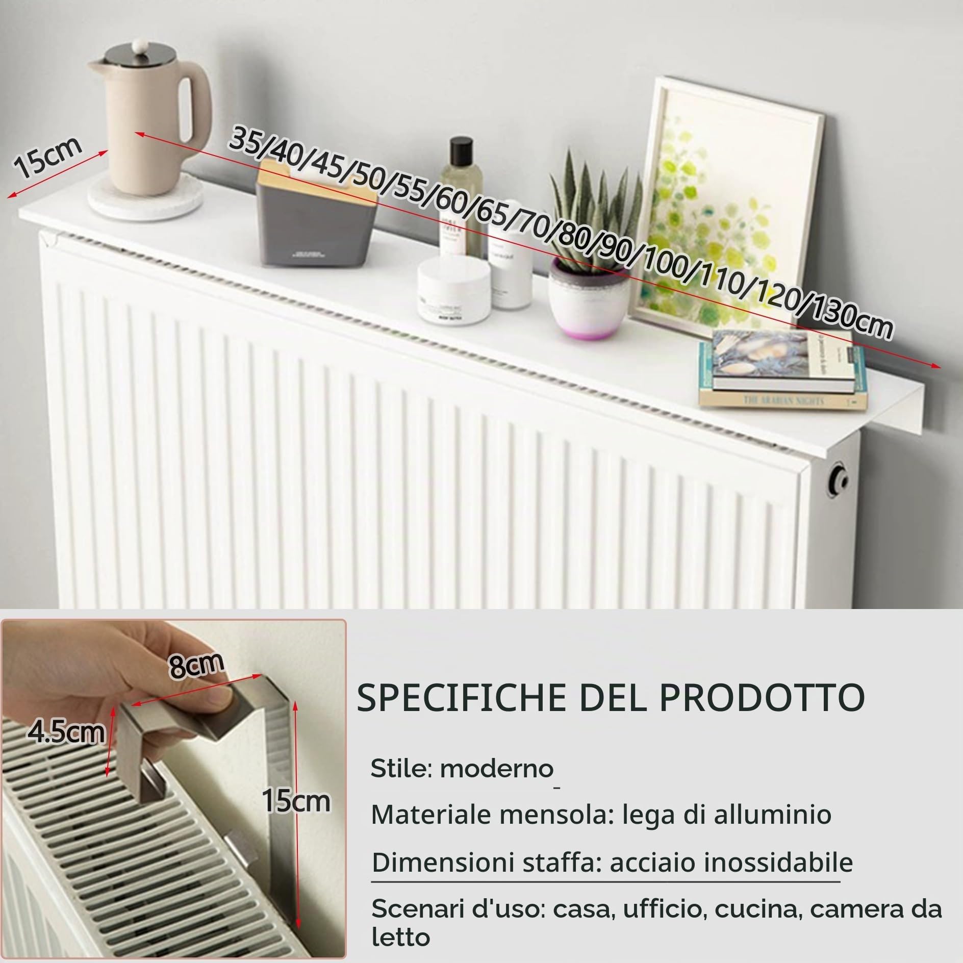 Mensola Radiatore,Mensola Termosifone,Senza Forare,Copritermosifone Bianco di Alluminio,Consolle Universale per Termosifone,Copricalorifero,Mensolas Calorifero,Cuscinetto di Carico 30kg(35cm)