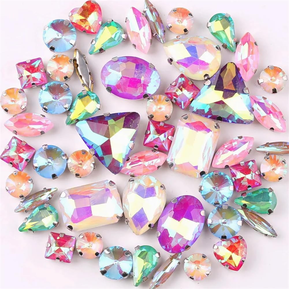 Glass Rhinestones, Sew on Rhinestone Glass Crystals, Rhinestones Claw Setting Sewing 50Pcs 11 Shapes Mix Multicolor(Jelly AB Mix 50Pcs)