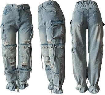 Lucuna Women Baggy Cargo Jeans Y2k High Waisted Wide Leg Denim Pants